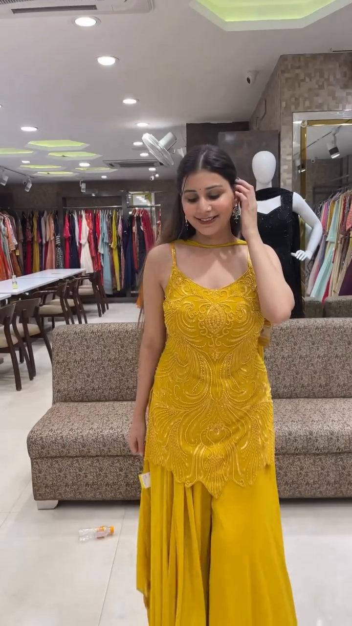 Designer Yellow Kurta Set with Spaghetti Straps and Matching Dupatta