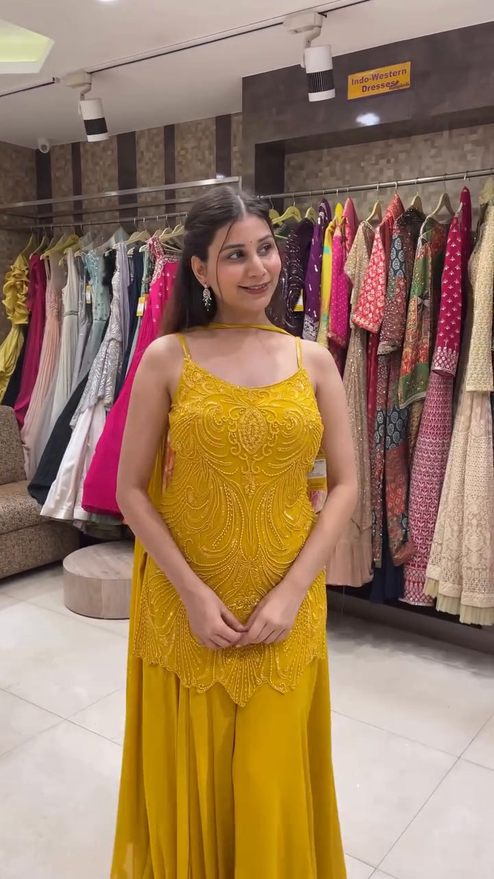 Designer Yellow Kurta Set with Spaghetti Straps and Matching Dupatta