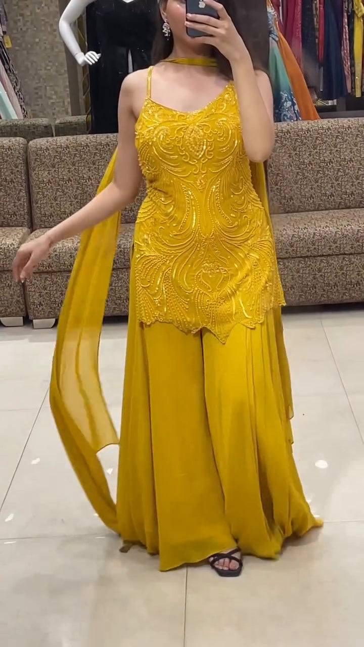 Designer Yellow Kurta Set with Spaghetti Straps and Matching Dupatta