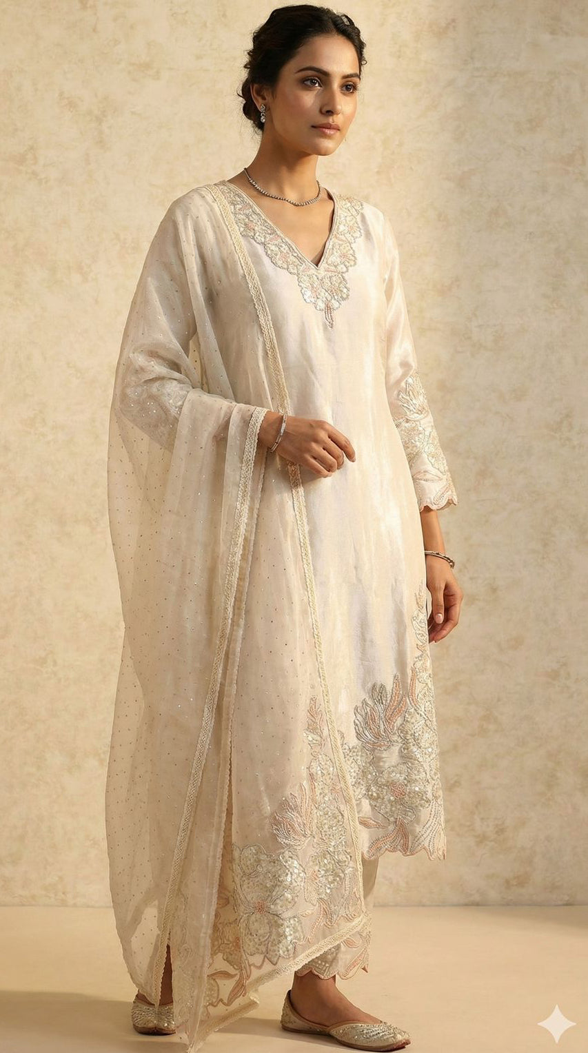 Cream Tissue Cotton Kurti Set Flower Motif