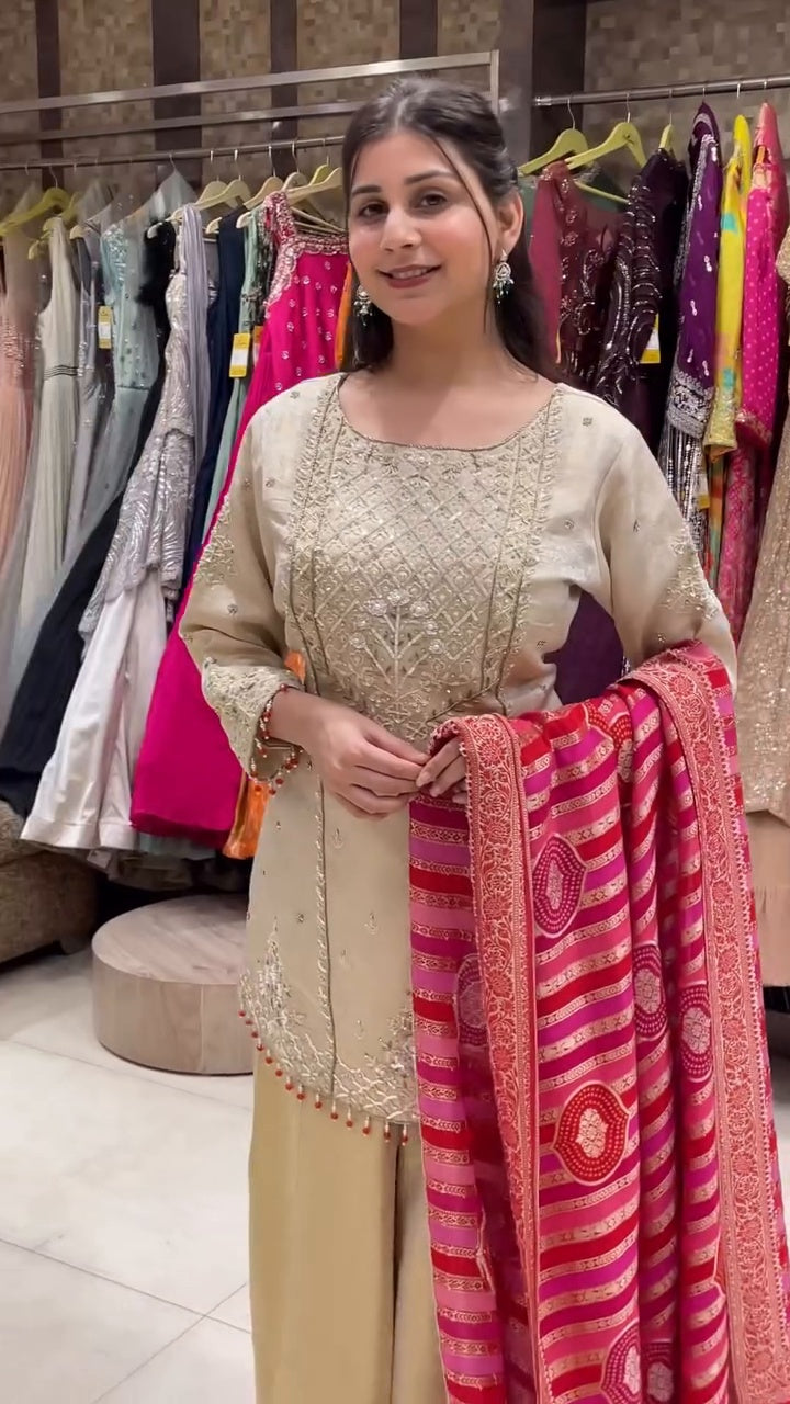Designer Beige Kurta Set with Vibrant Pink and Orange Dupatta