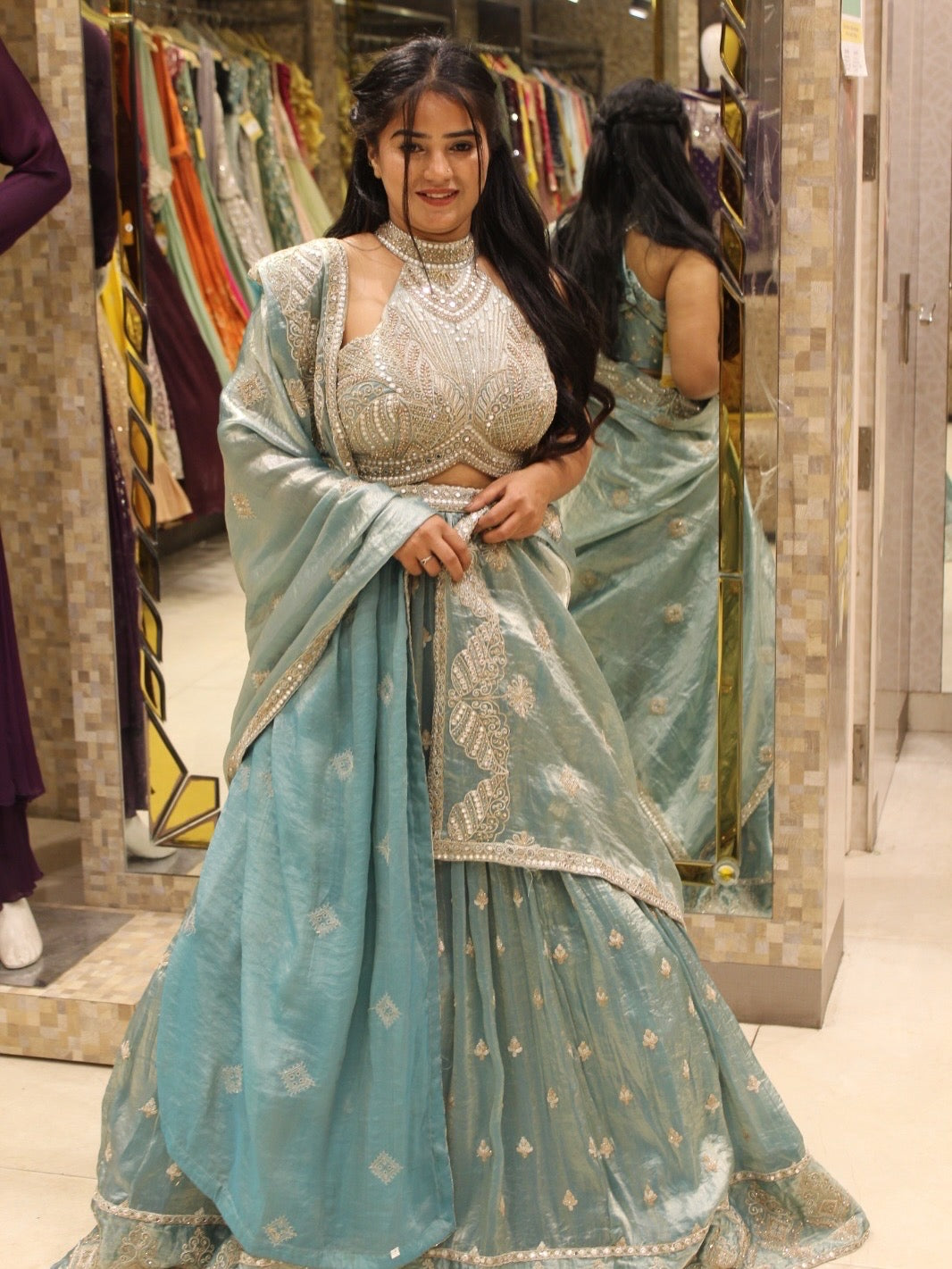 Designer Sea Green Lehenga Choli with Halter Neck Blouse and Matching Dupatta