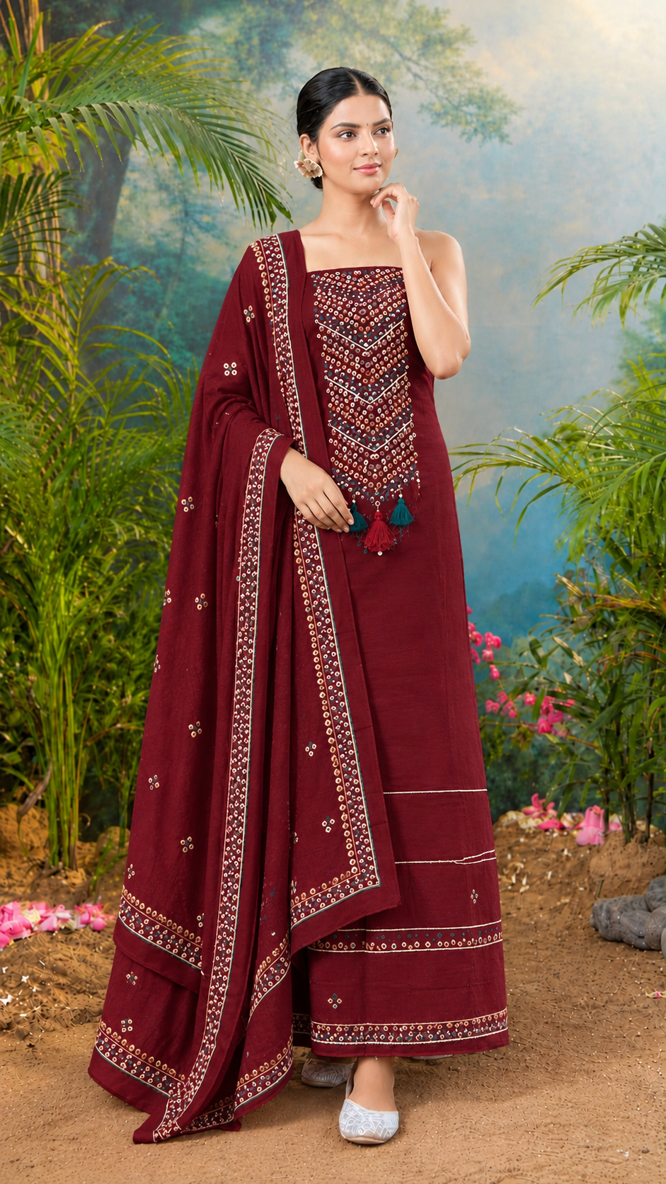 Unstitched Suit Set with Printed Dupatta and Yoke Detailing