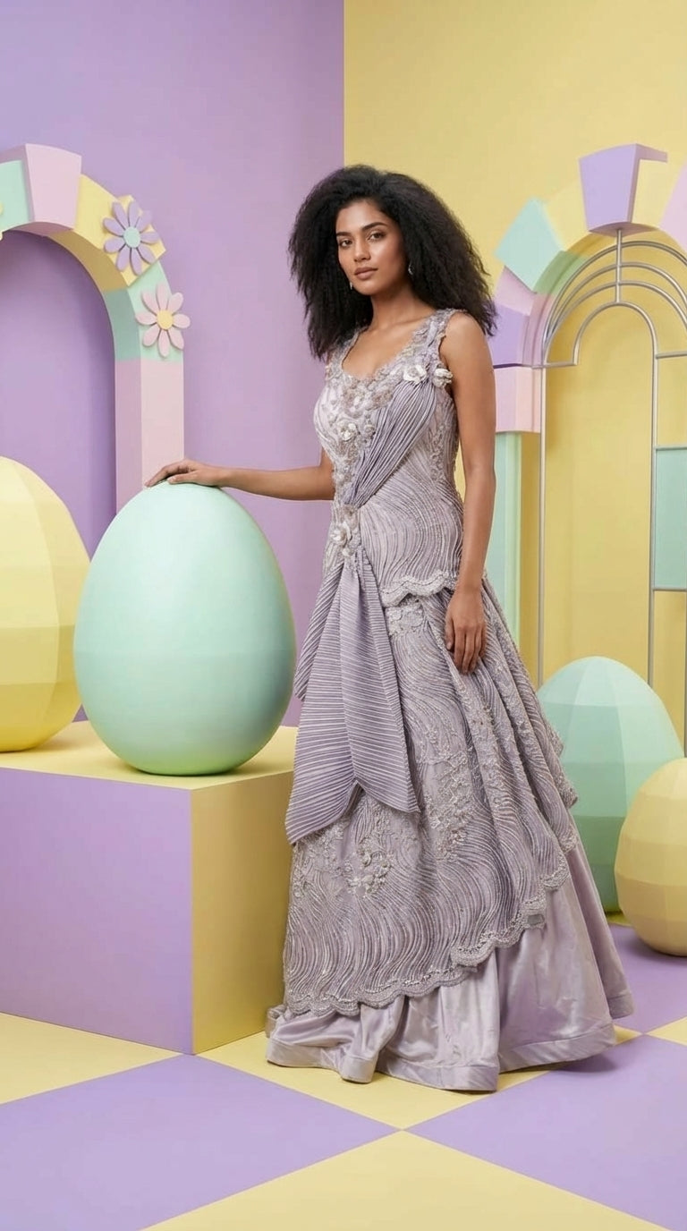 Silver Grey Embellished Draped Evening Gown with Textured Detail