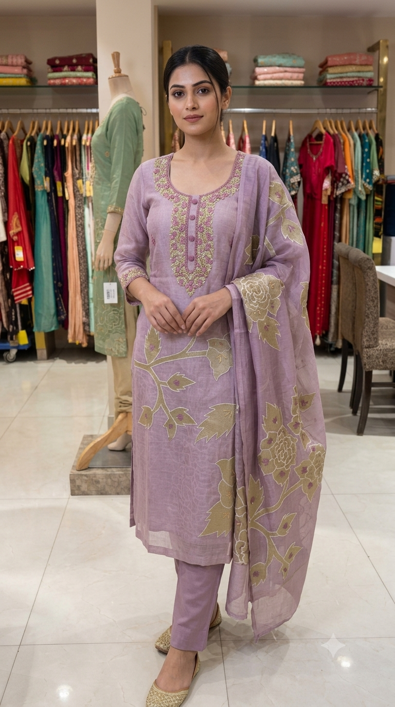 Unstitched Floral Motif Kurta Suit Fabric Set with Dupatta