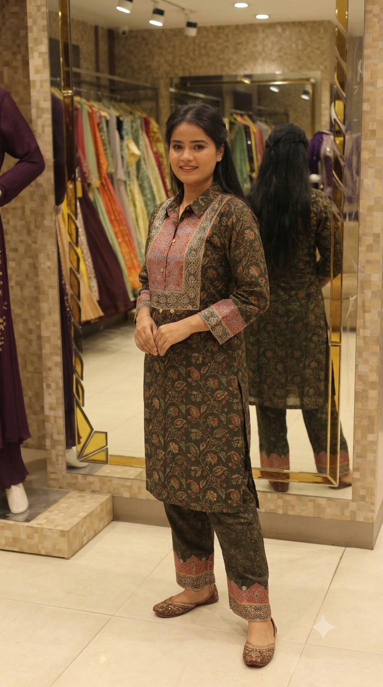 Women Olive Green Printed Collar Kurta and Trouser Set with Decorative Yoke