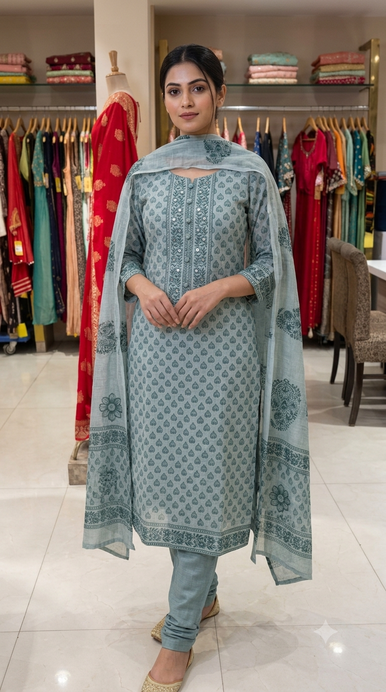 Women's Unstitched Suit Material Set with Matching Printed Dupatta