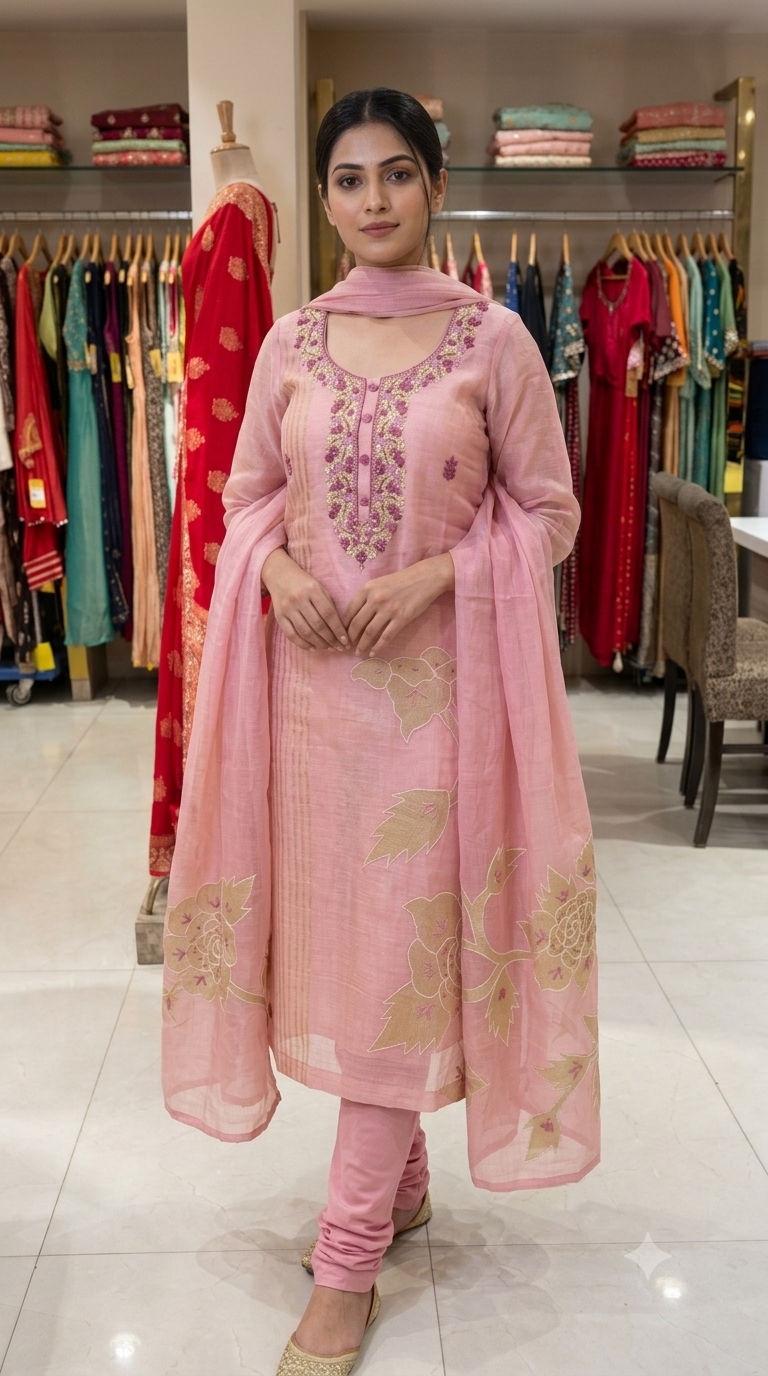 Unstitched Floral Motif Kurta Suit Fabric Set with Dupatta