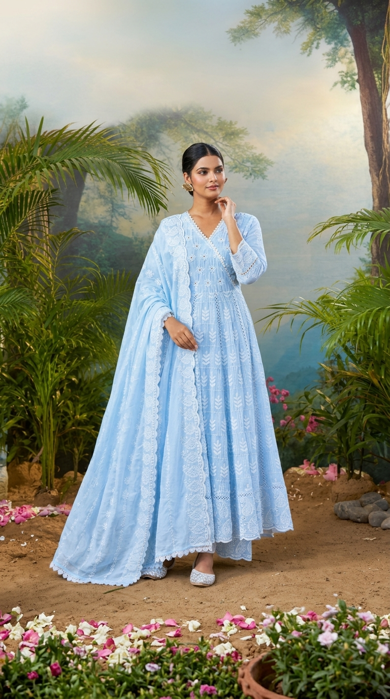Roopkriti Pastel Blue Printed Design Anarkali Suit Set With Matching Dupatta