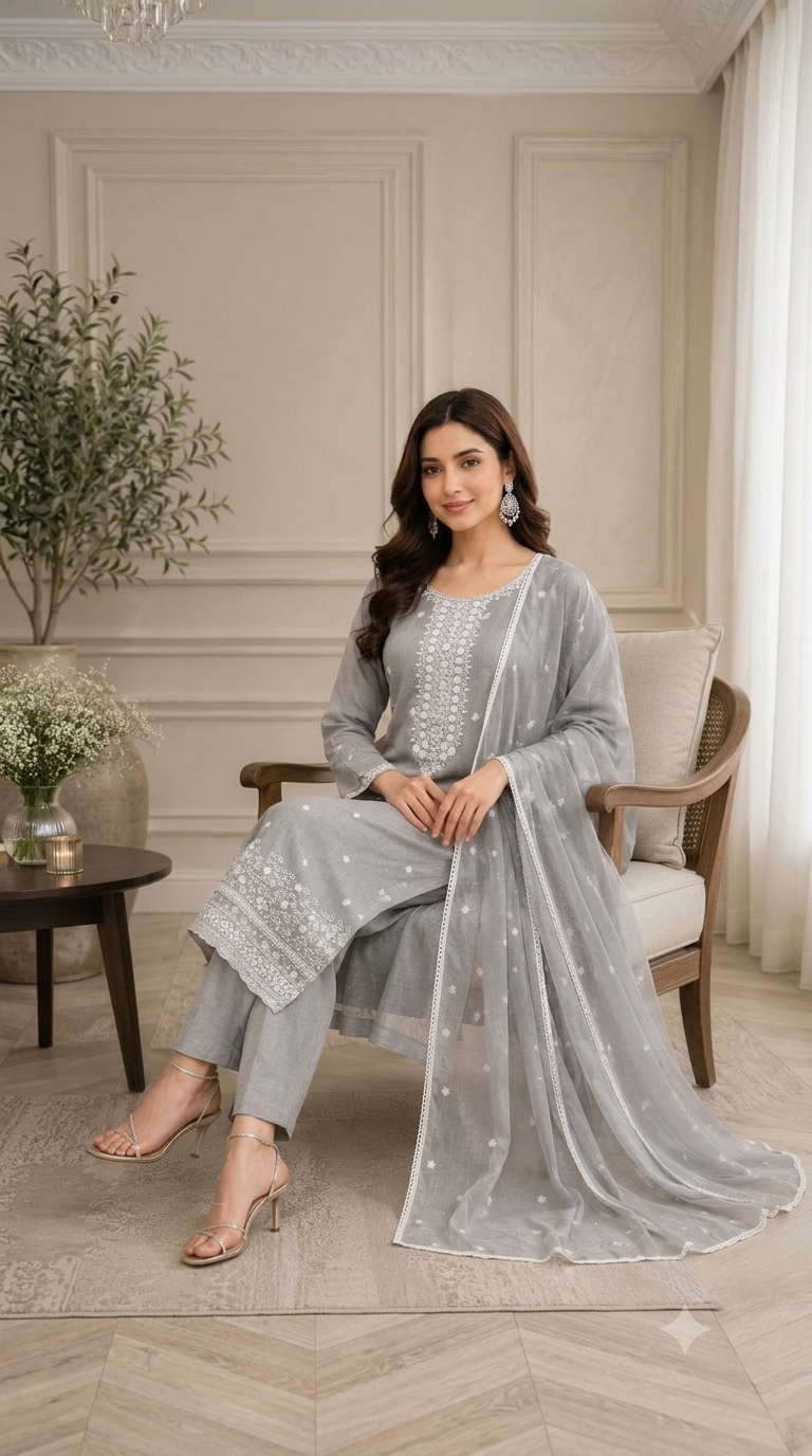 Beautiful grey suit set featuring exquisite thread neckwork and delicate embroidery.