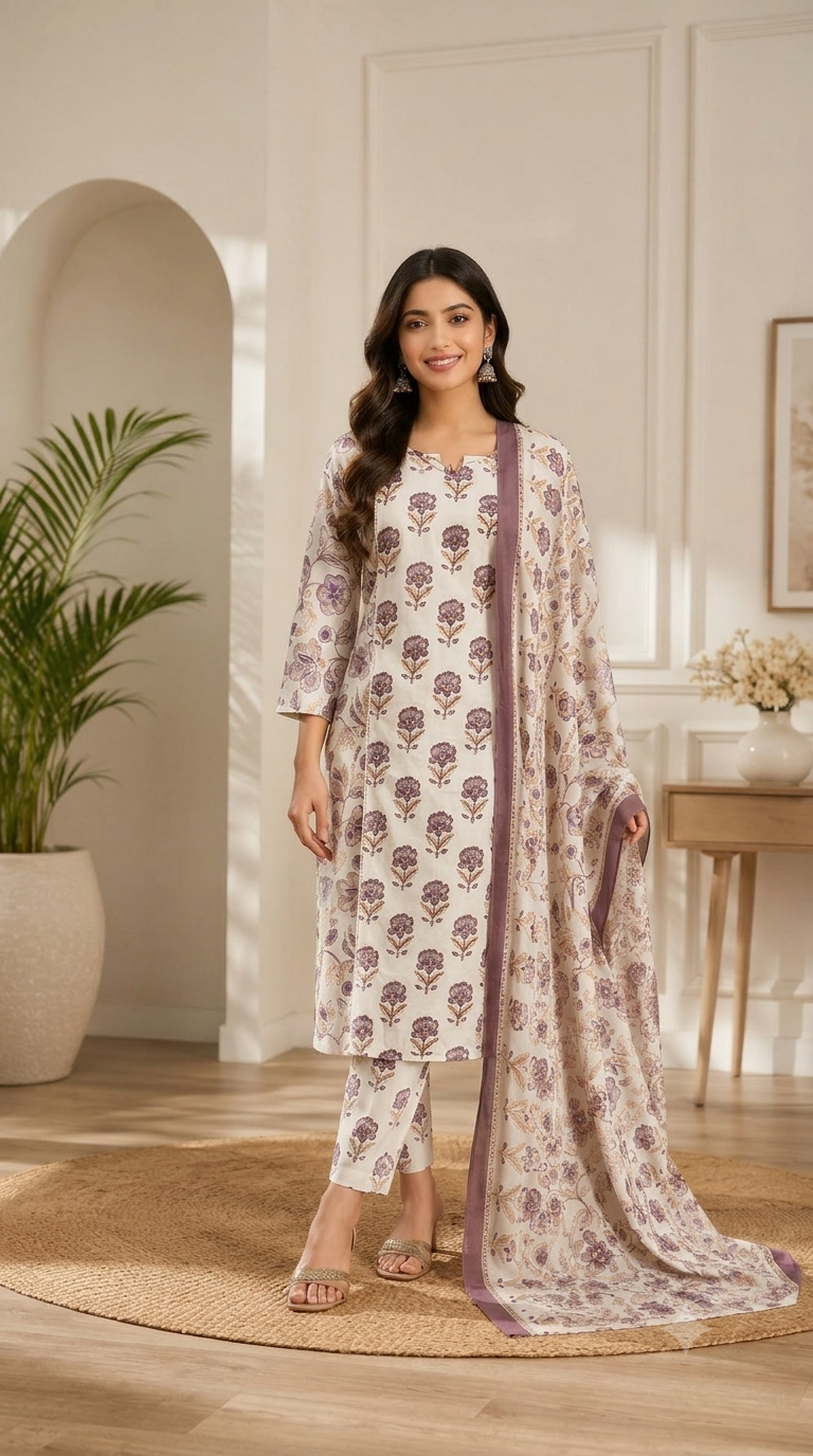 Beautiful cotton suit set with delicate floral prints