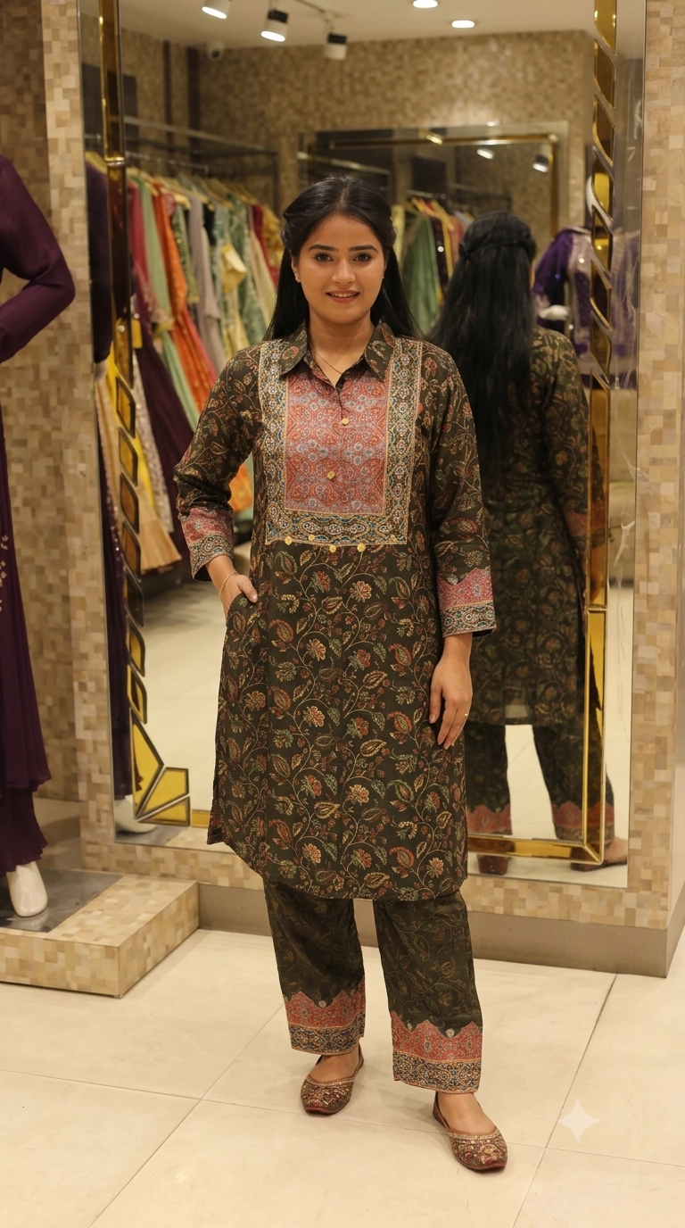 Women Olive Green Printed Collar Kurta and Trouser Set with Decorative Yoke