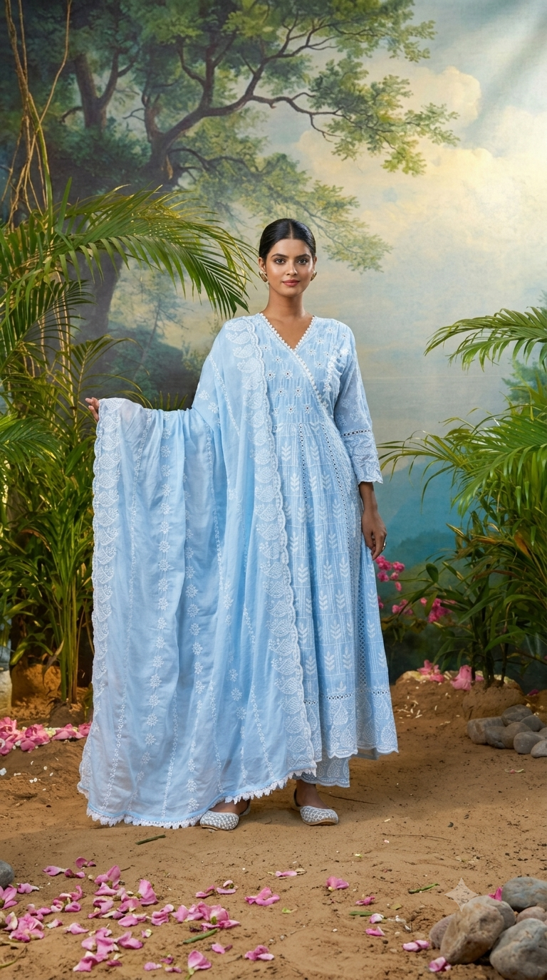 Roopkriti Pastel Blue Printed Design Anarkali Suit Set With Matching Dupatta
