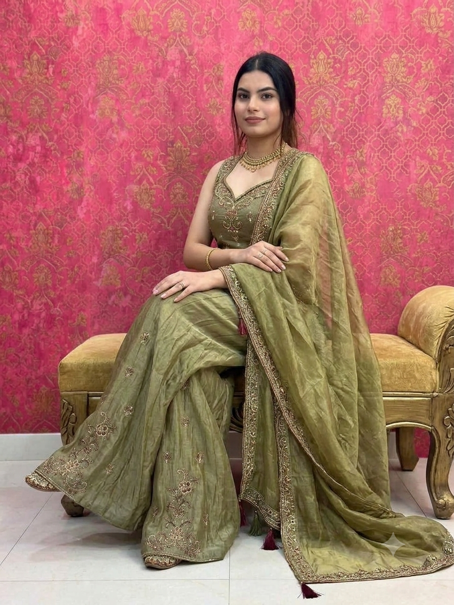Embroidered Top and Sharara Set with Matching Dupatta