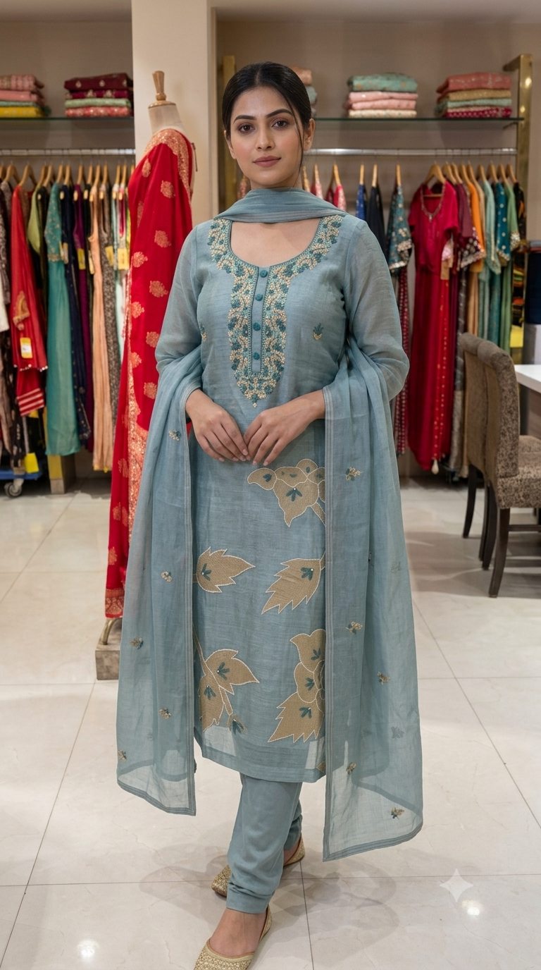 Unstitched Floral Motif Kurta Suit Fabric Set with Dupatta