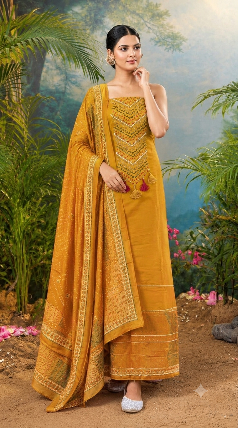 Unstitched Suit Set with Printed Dupatta and Yoke Detailing