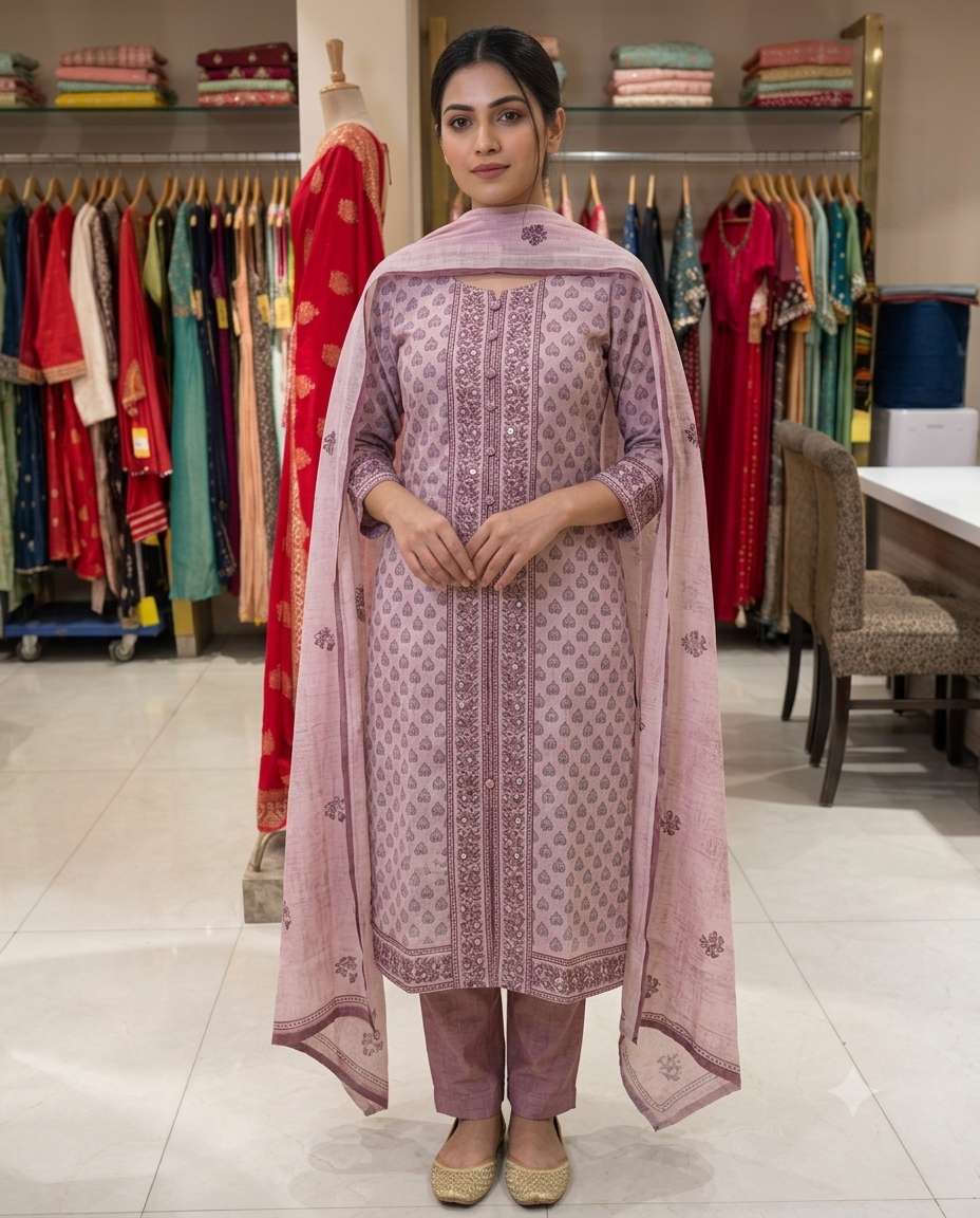 Women's Unstitched Suit Material Set with Matching Printed Dupatta