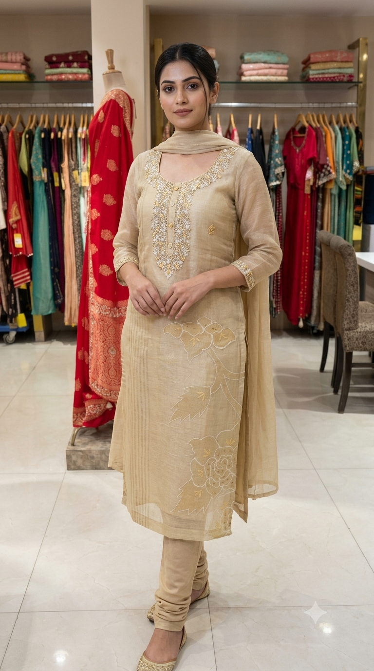 Unstitched Floral Motif Kurta Suit Fabric Set with Dupatta