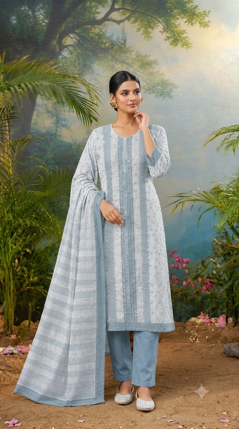 Elegant Light Blue Printed Kurta Set with Dupatta