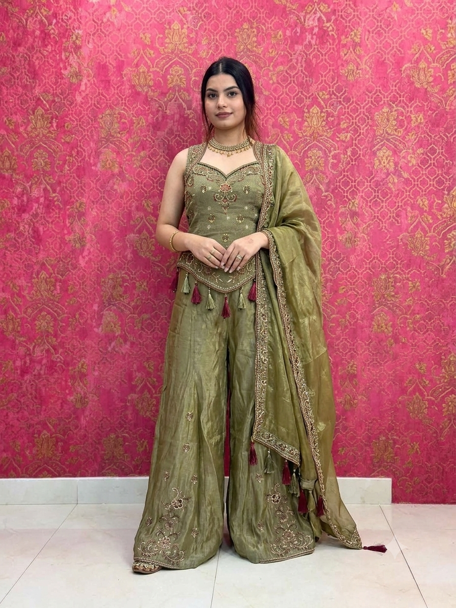 Embroidered Top and Sharara Set with Matching Dupatta