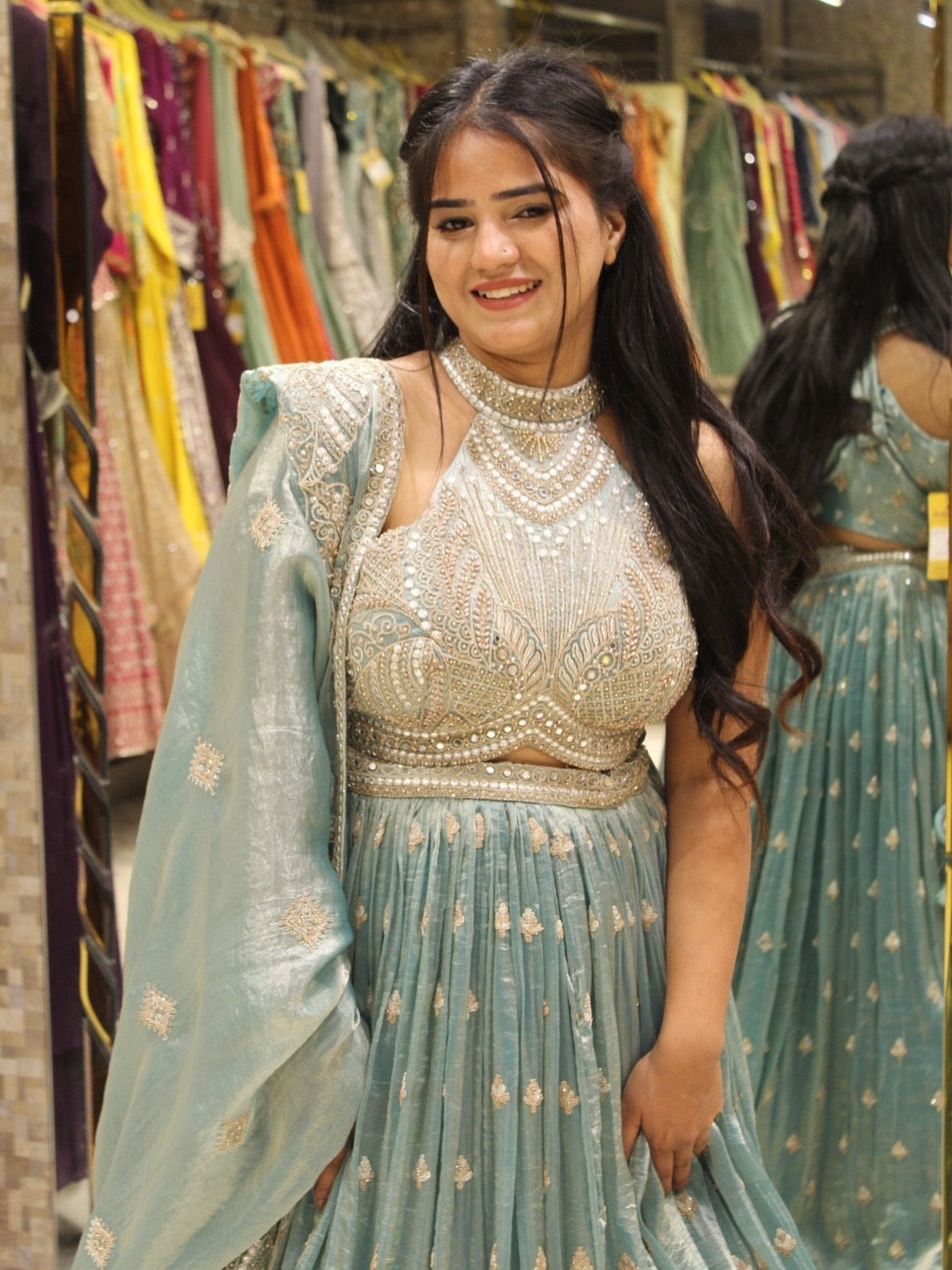 Designer Sea Green Lehenga Choli with Halter Neck Blouse and Matching Dupatta