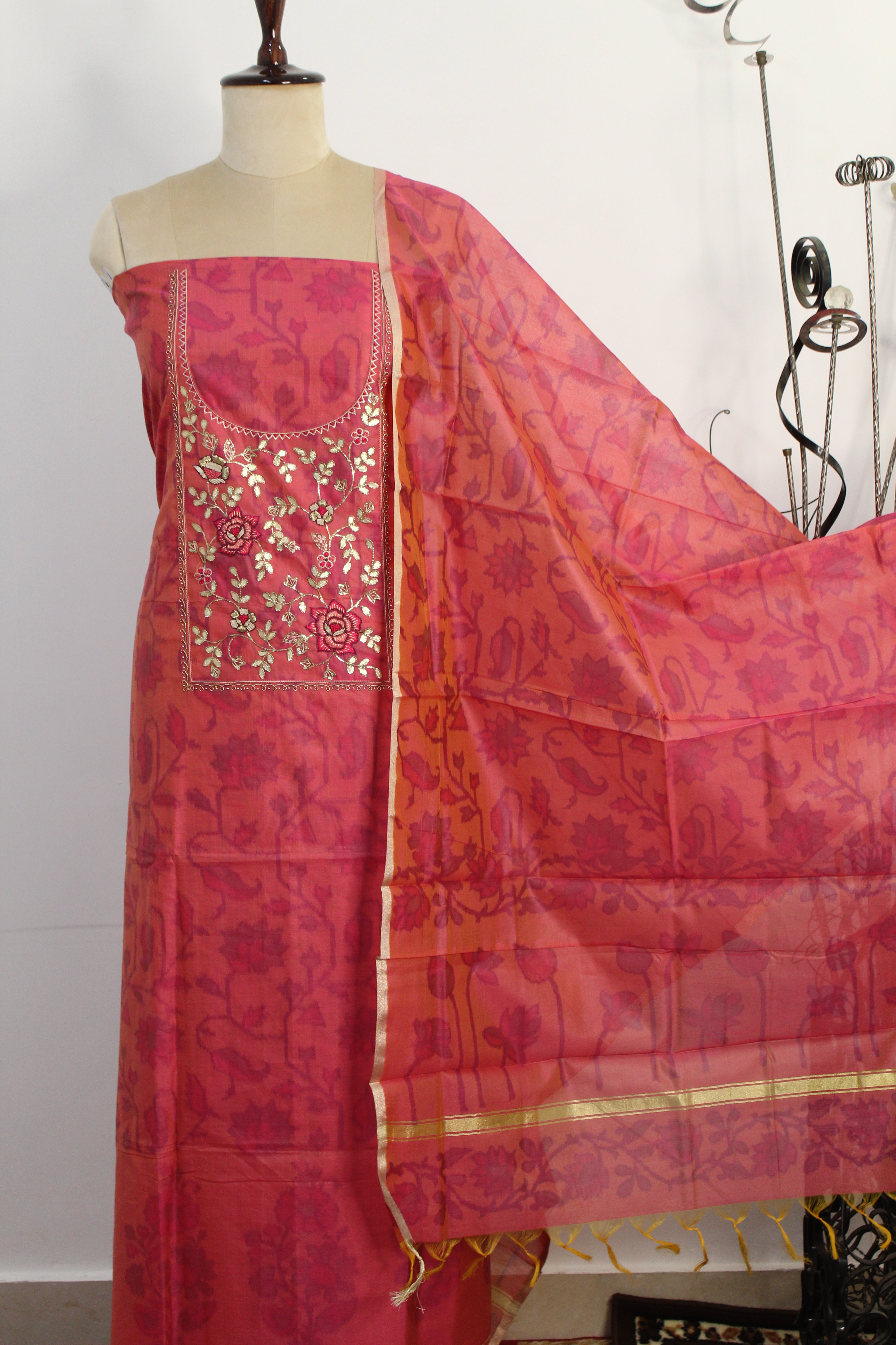 Gota Patti & Thread Hand Work Un-Stitched Suit Fabric