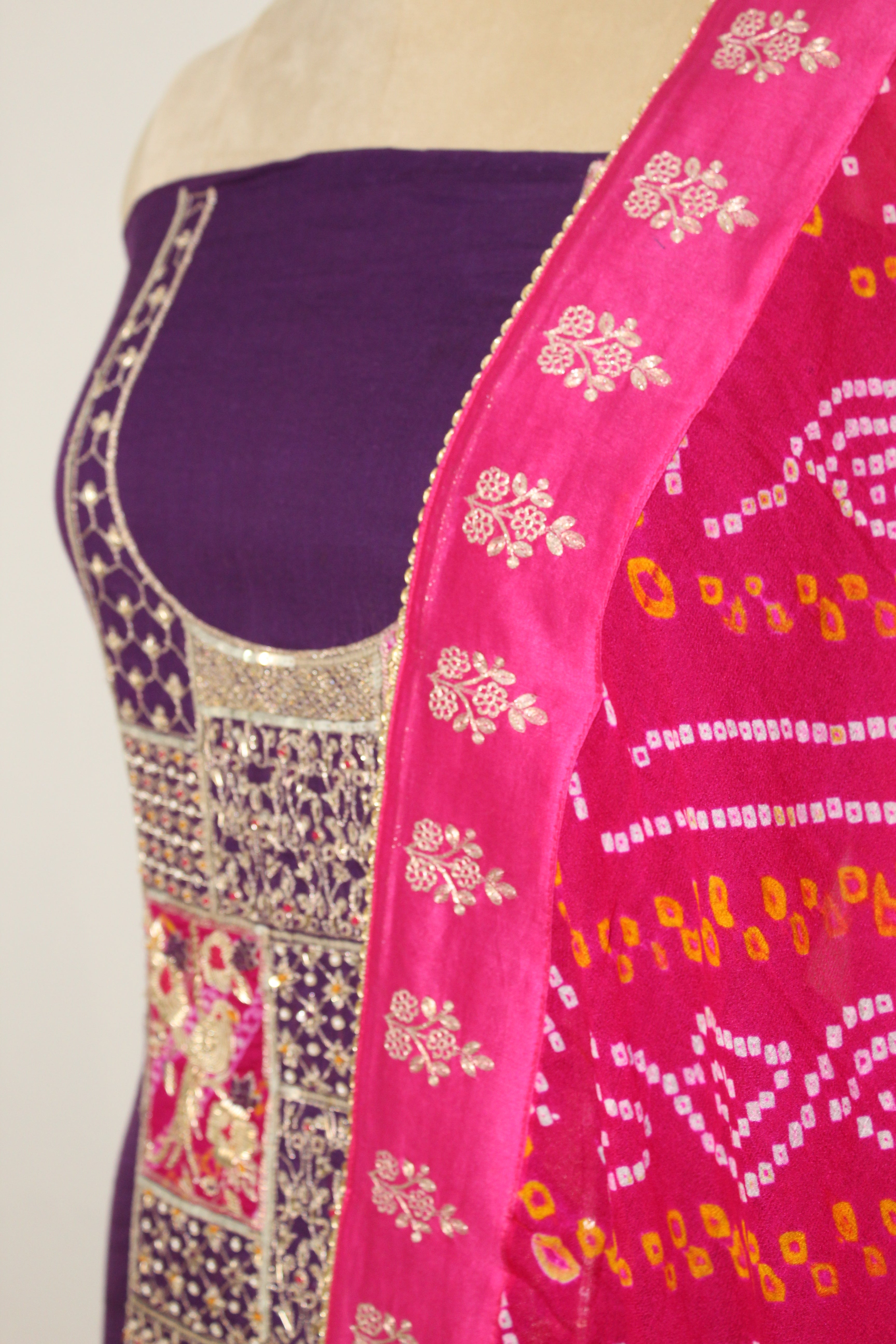 Dabka Hand Work With Bandhani Dupatta Un-Stitched Suit Fabric