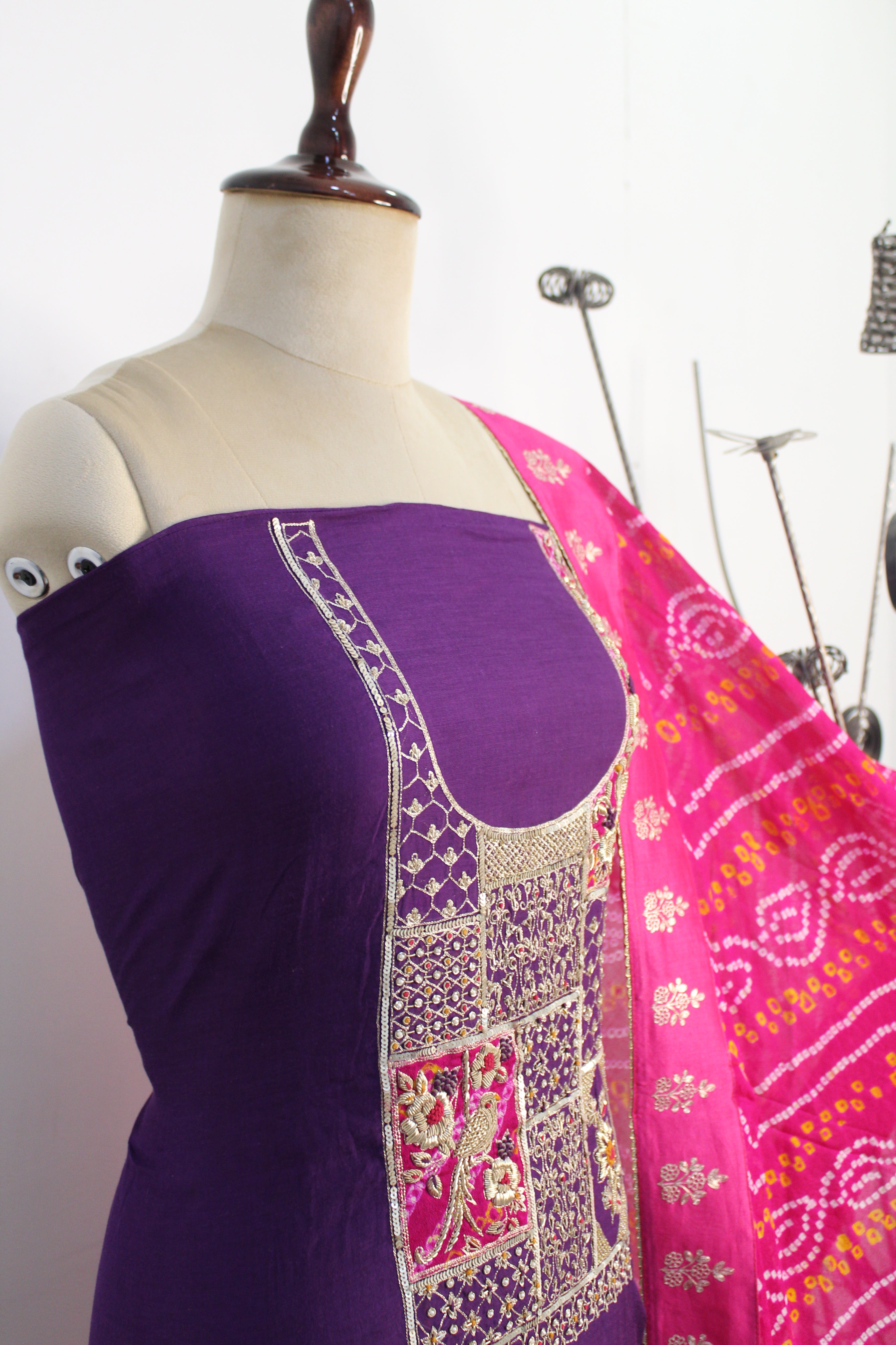 Dabka Hand Work With Bandhani Dupatta Un-Stitched Suit Fabric