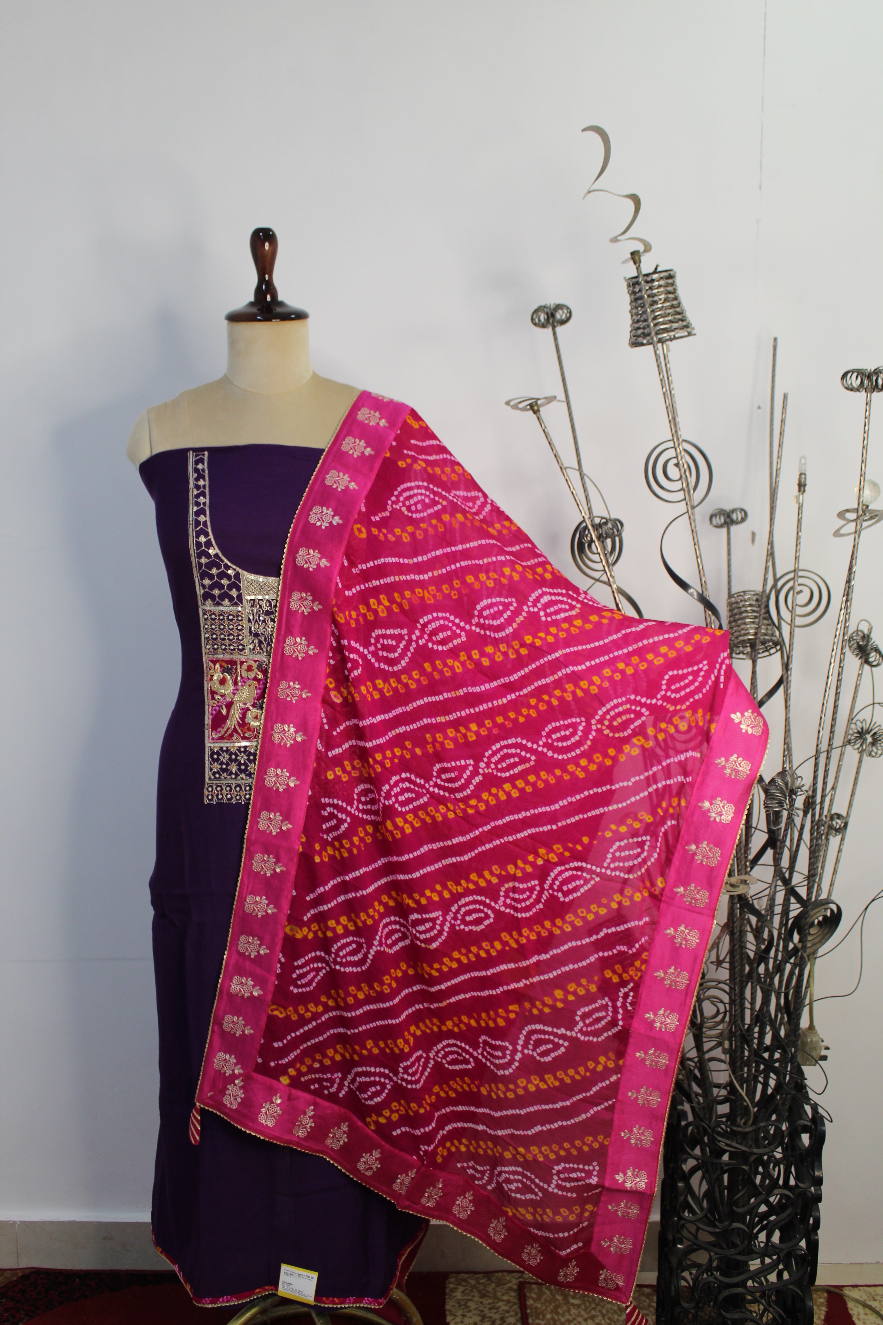 Dabka Hand Work With Bandhani Dupatta Un-Stitched Suit Fabric