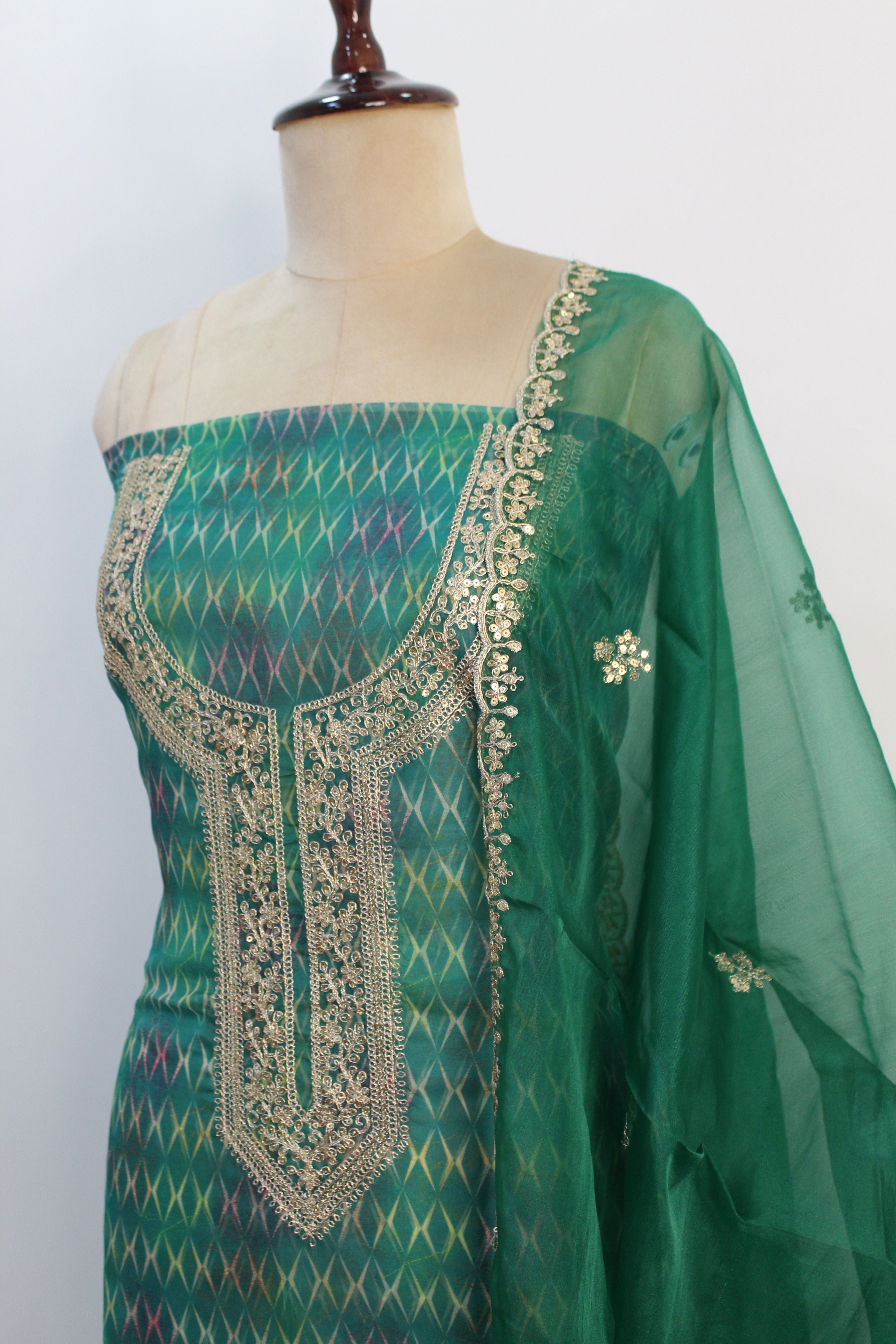 Green Cotton Organza Unstitched Suit Fabric