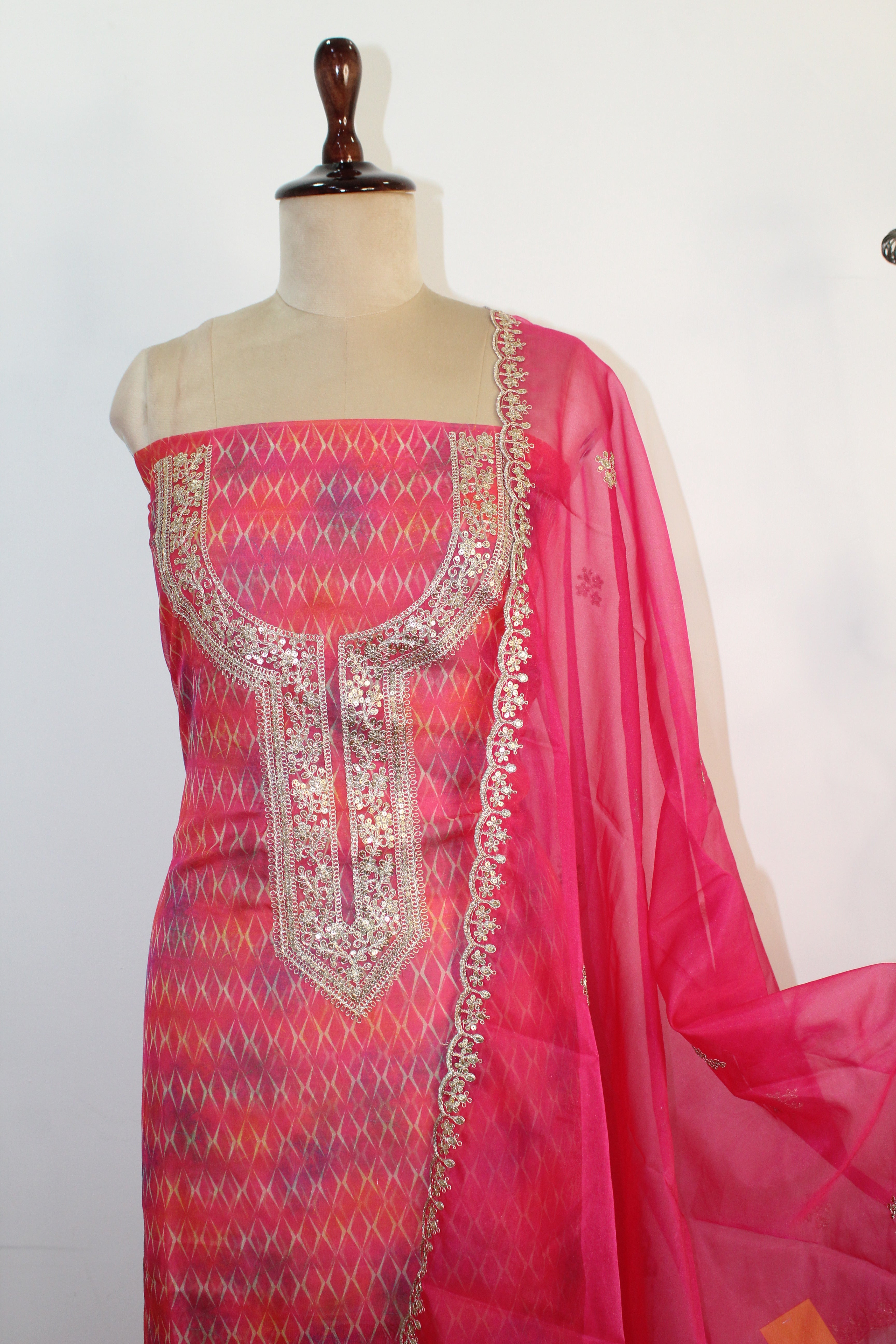 Rani Pink  Cotton Organza Unstitched Suit Fabric