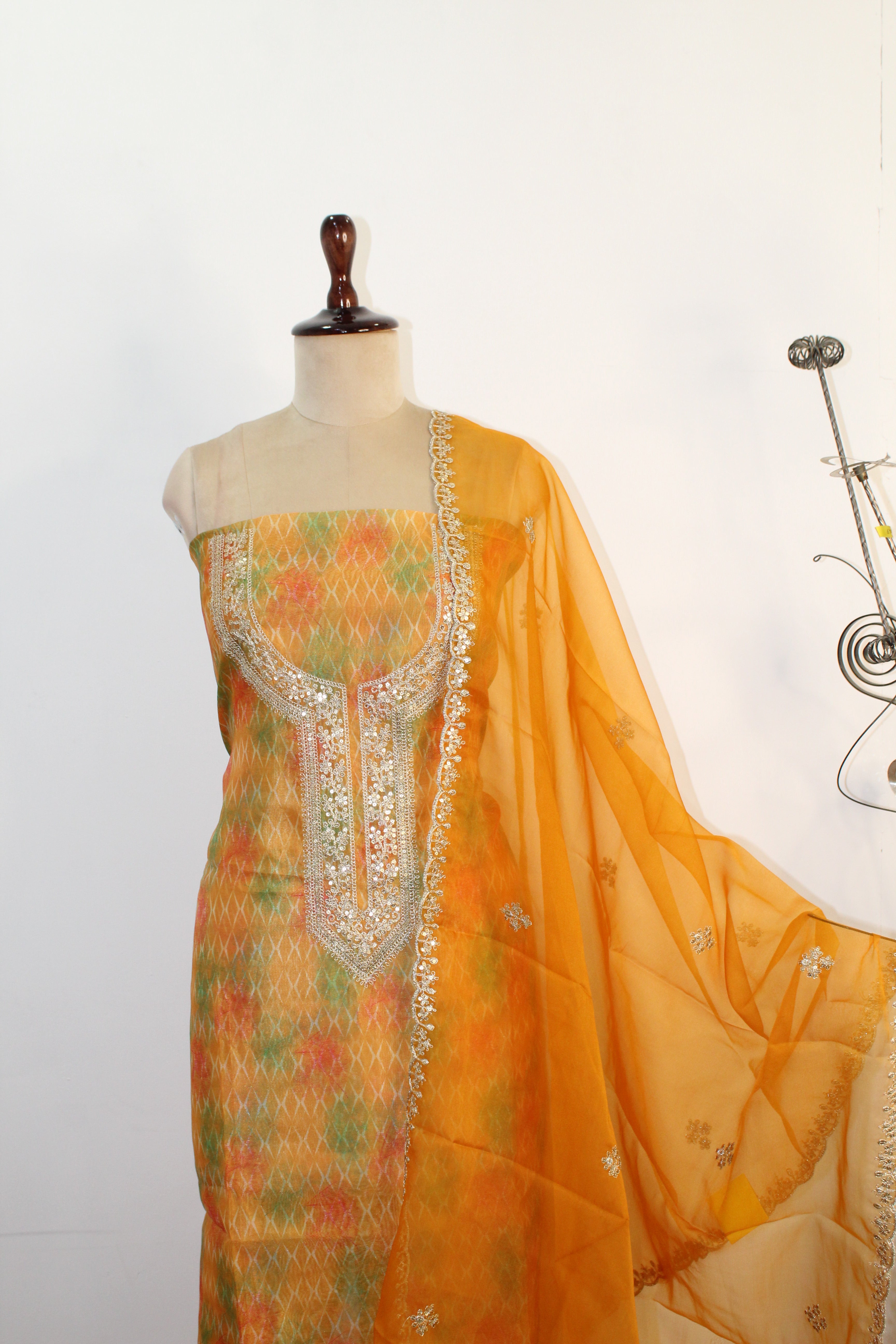Mustard Yellow Cotton Organza Unstitched Suit Fabric