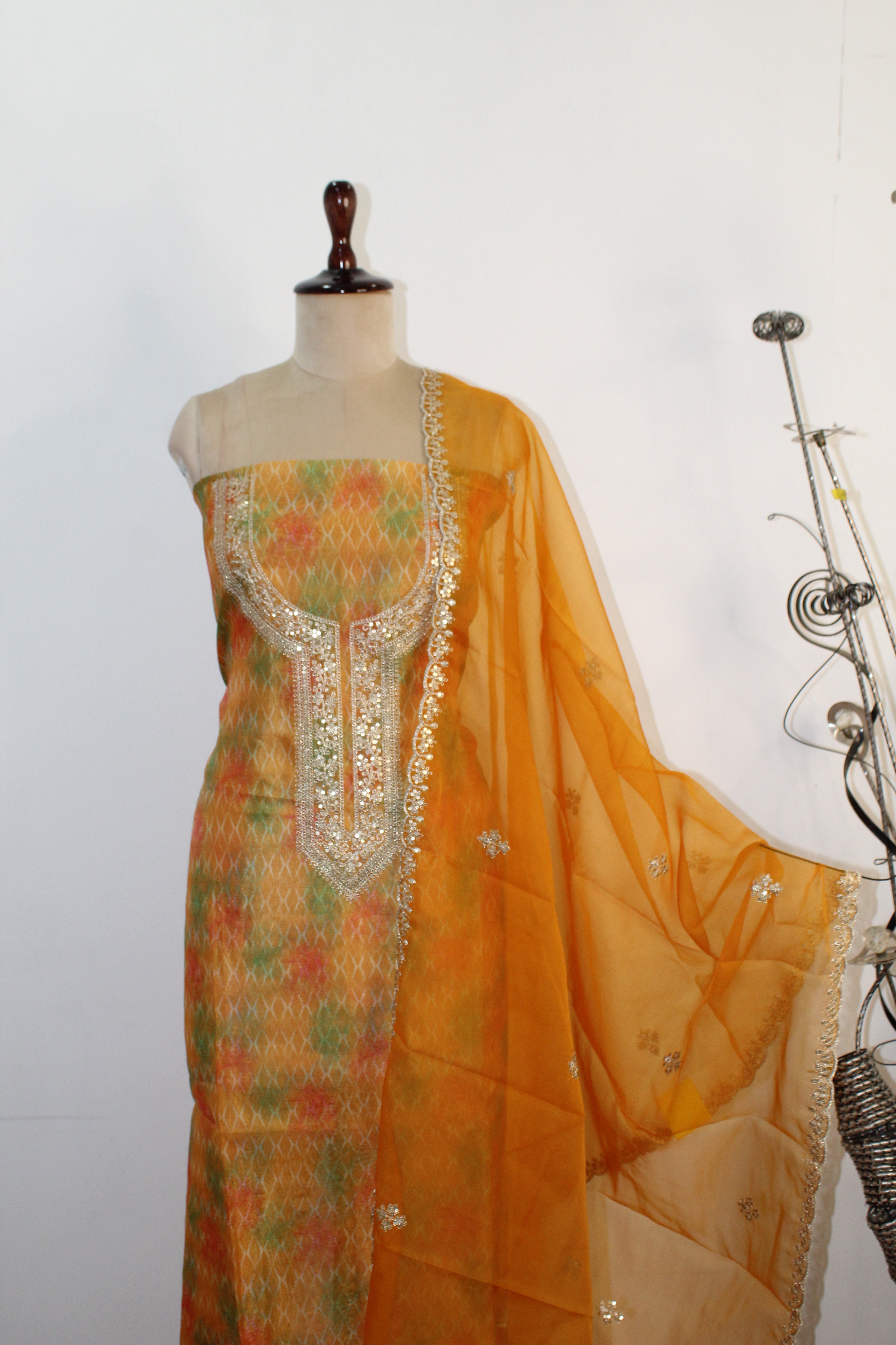 Mustard Yellow Cotton Organza Unstitched Suit Fabric