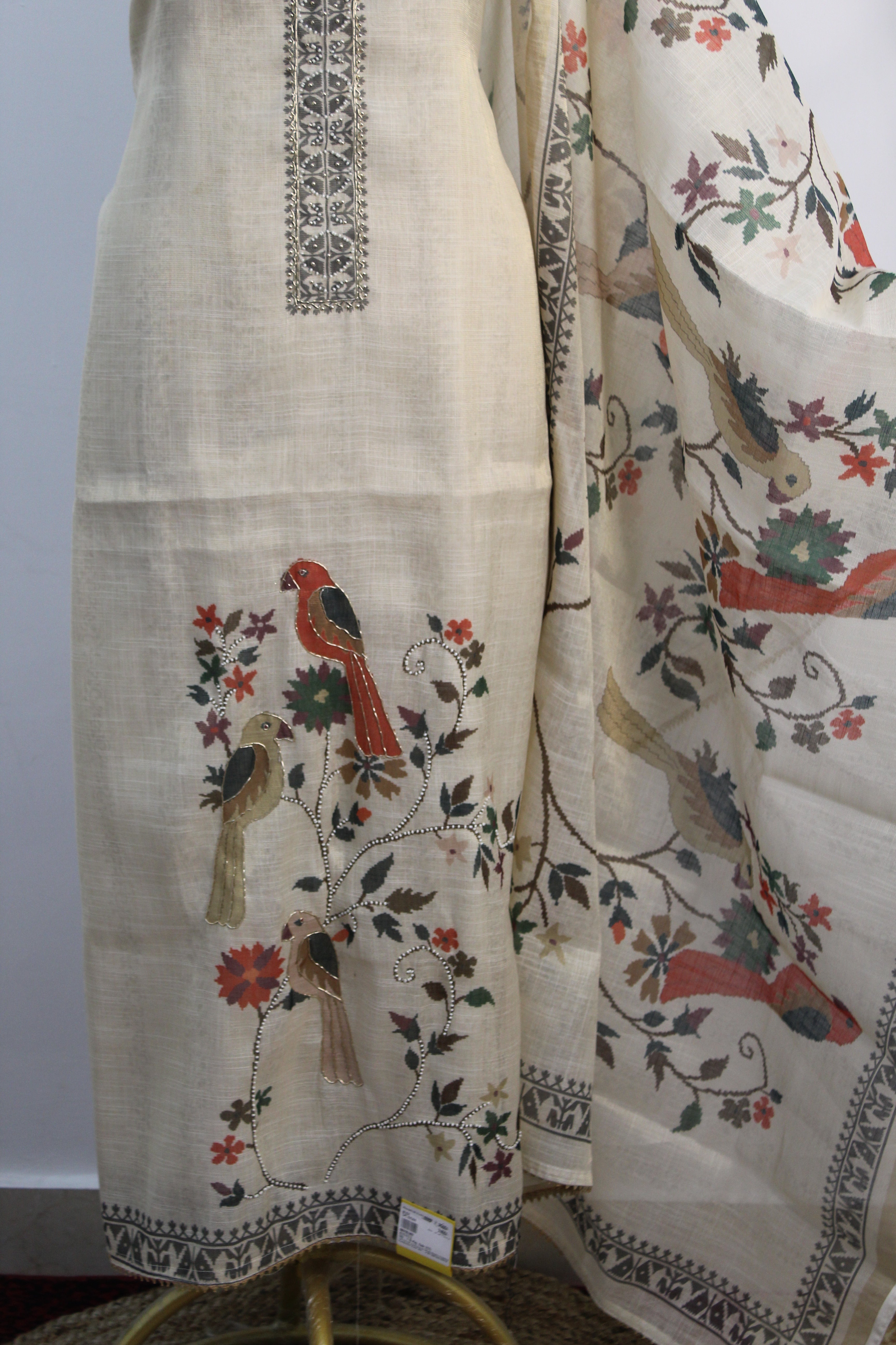 Ivory Print Bird Motif Cotton Unstitched Suit Fabric