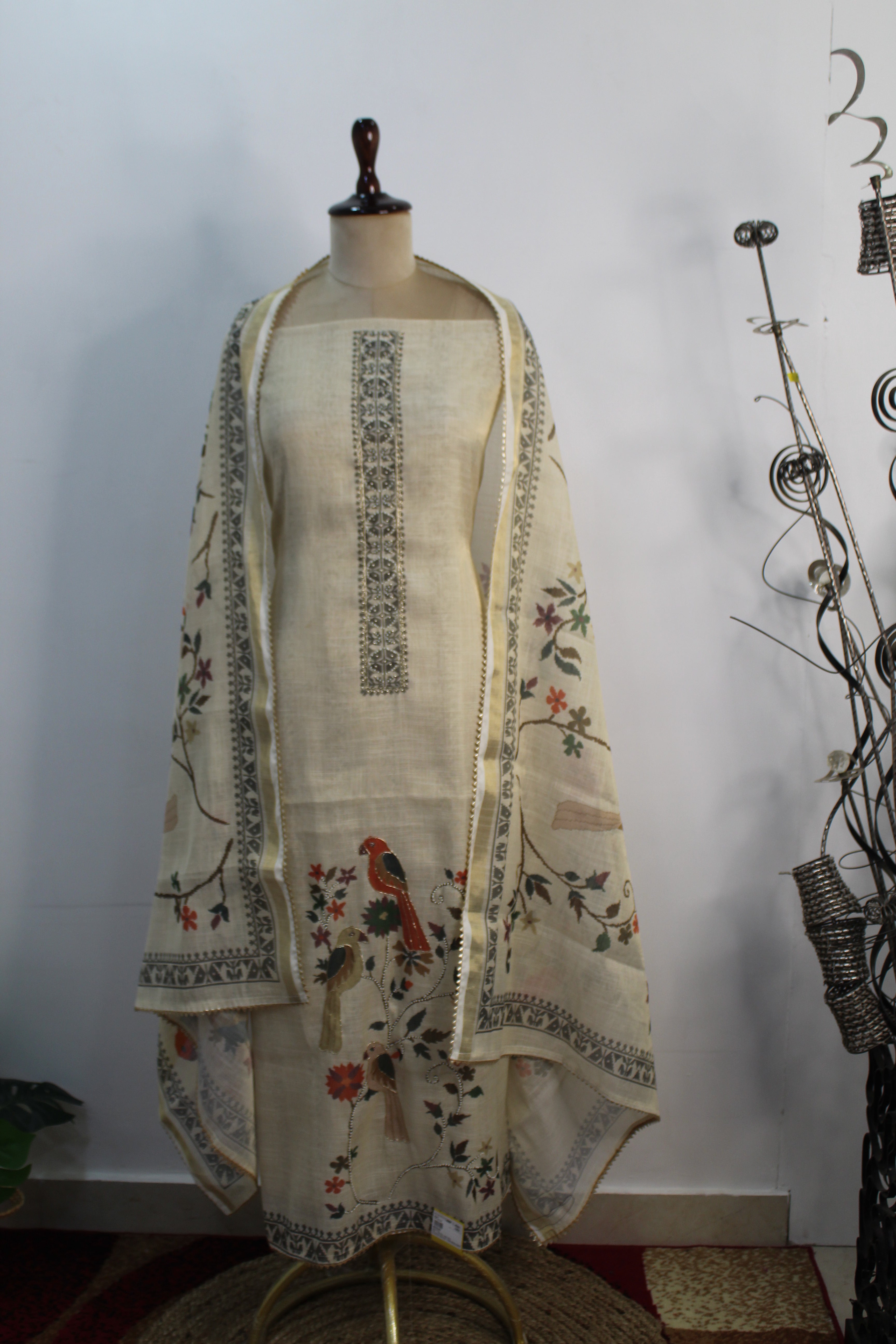 Ivory Print Bird Motif Cotton Unstitched Suit Fabric