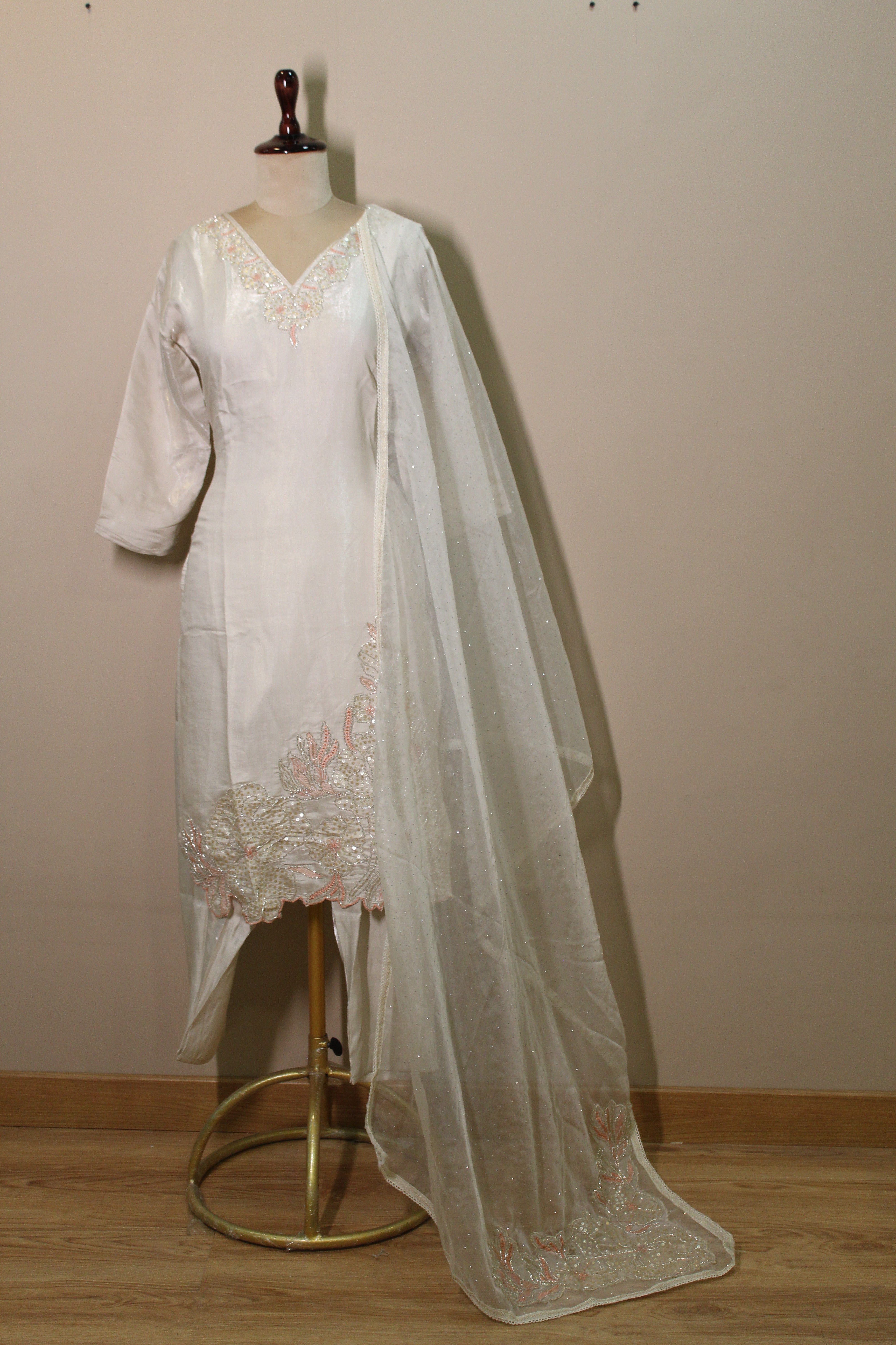 Cream Tissue Cotton Kurti Set Flower Motif