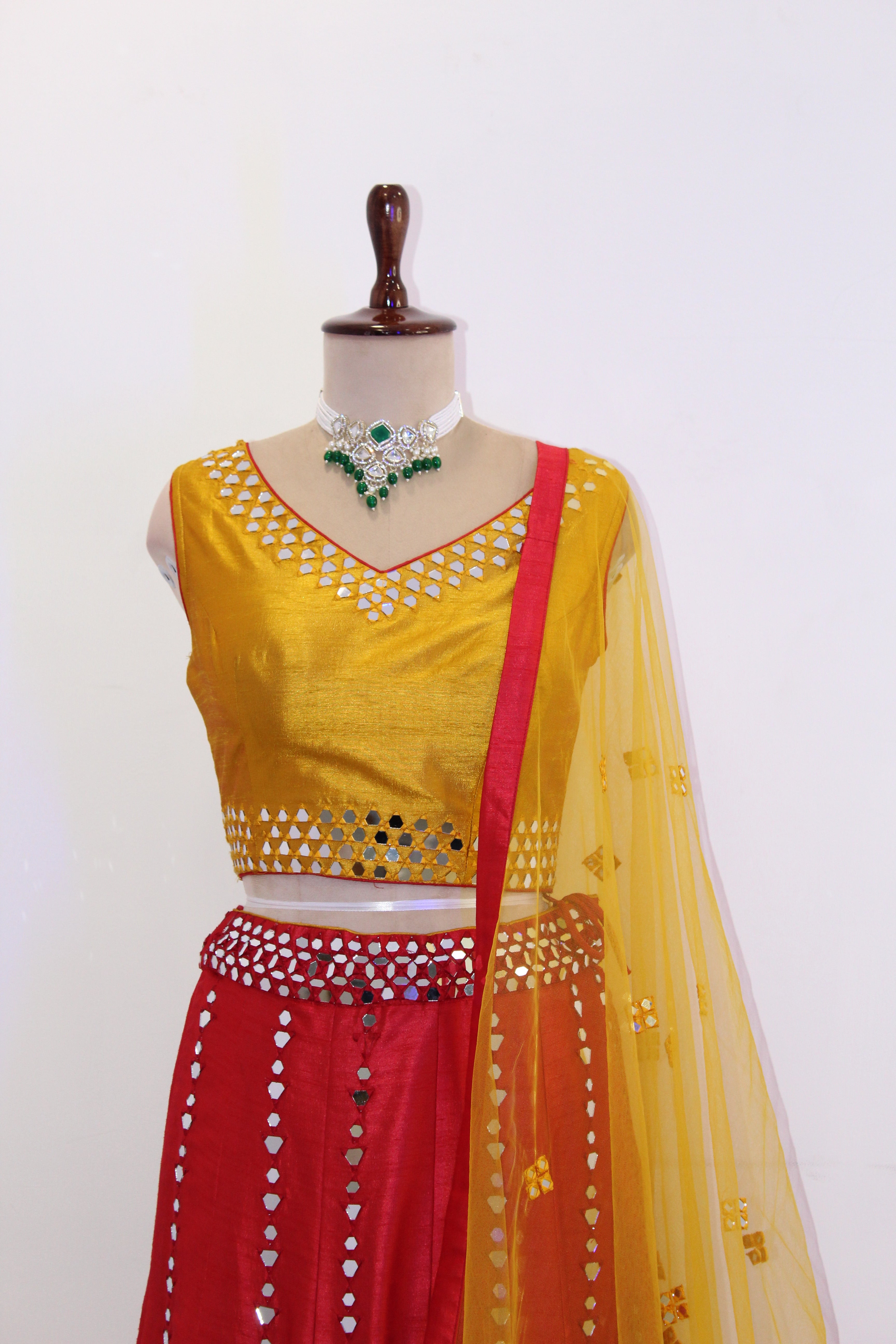 Red and Yellow Lehenga Choli Set with Mirror-Like Detailing and Sheer Dupatta