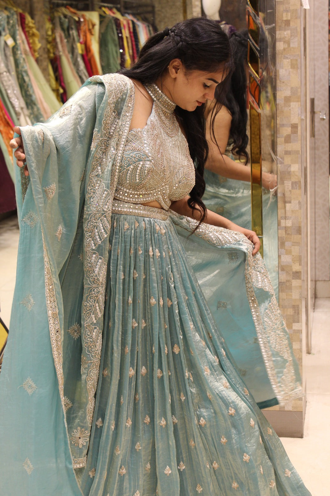 Designer Sea Green Lehenga Choli with Halter Neck Blouse and Matching Dupatta
