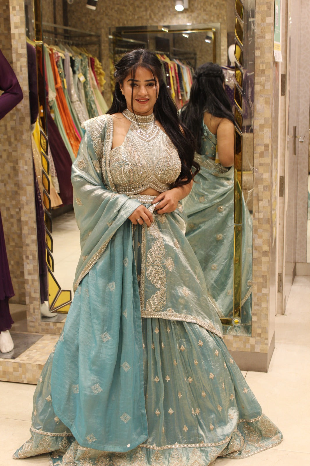 Designer Sea Green Lehenga Choli with Halter Neck Blouse and Matching Dupatta