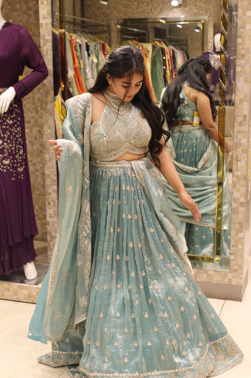 Designer Sea Green Lehenga Choli with Halter Neck Blouse and Matching Dupatta