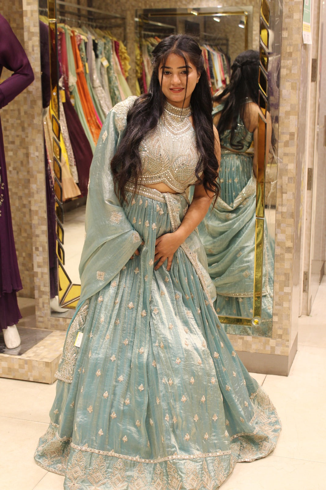 Designer Sea Green Lehenga Choli with Halter Neck Blouse and Matching Dupatta