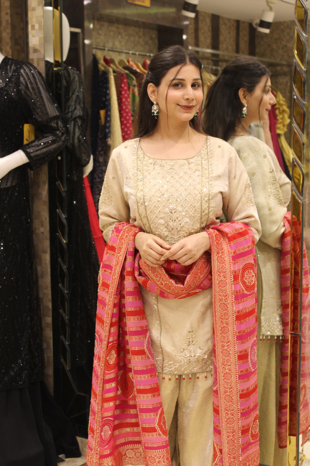 Designer Beige Kurta Set with Vibrant Pink and Orange Dupatta