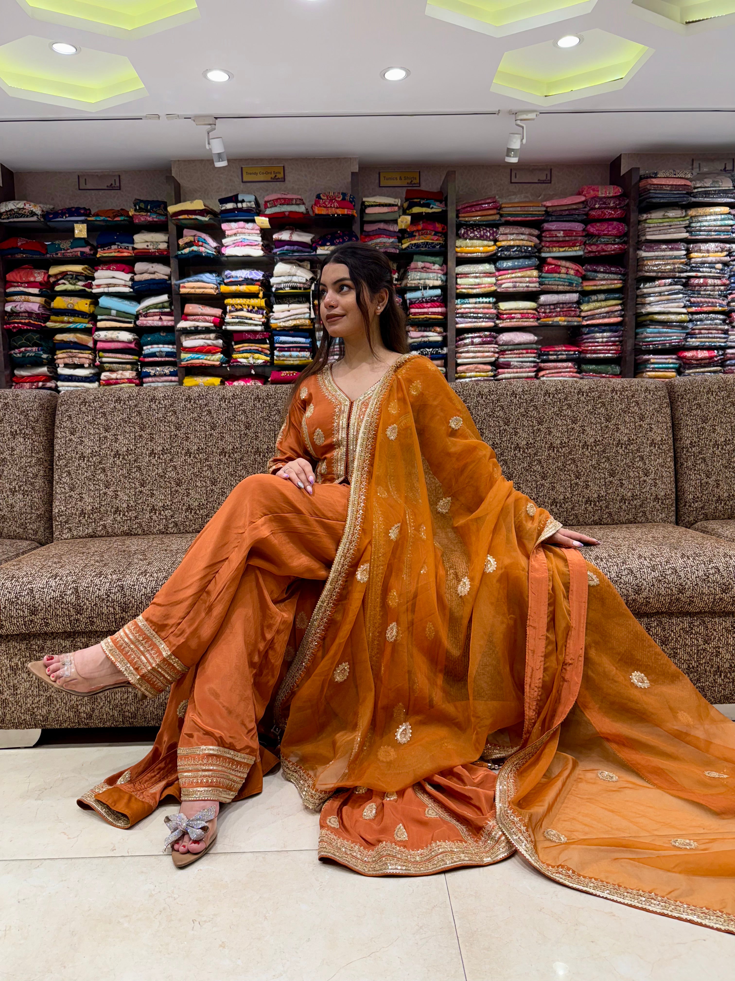 Elegant Rust Orange Long Jacket Style Suit Set with Decorative Detailing