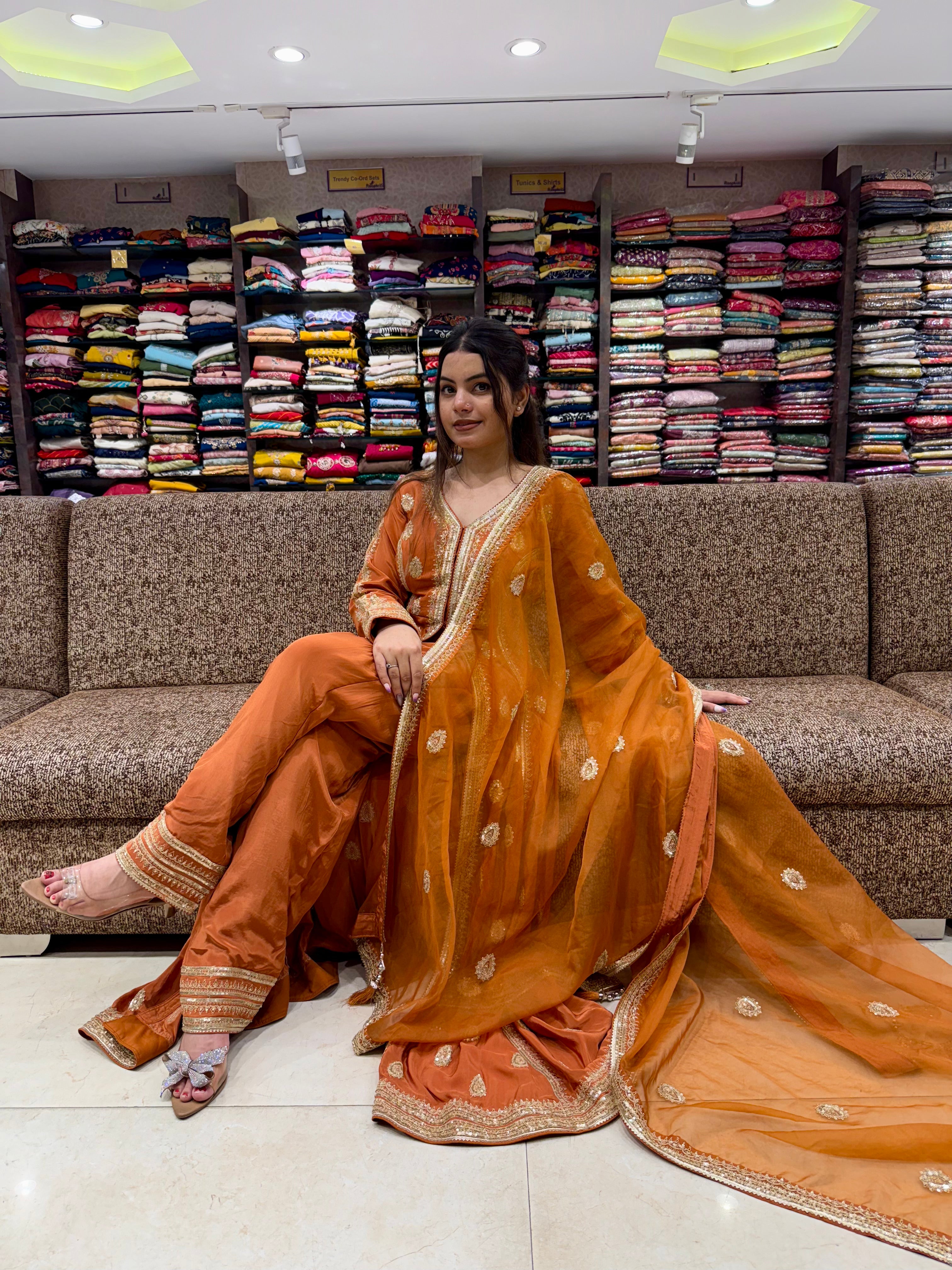 Elegant Rust Orange Long Jacket Style Suit Set with Decorative Detailing