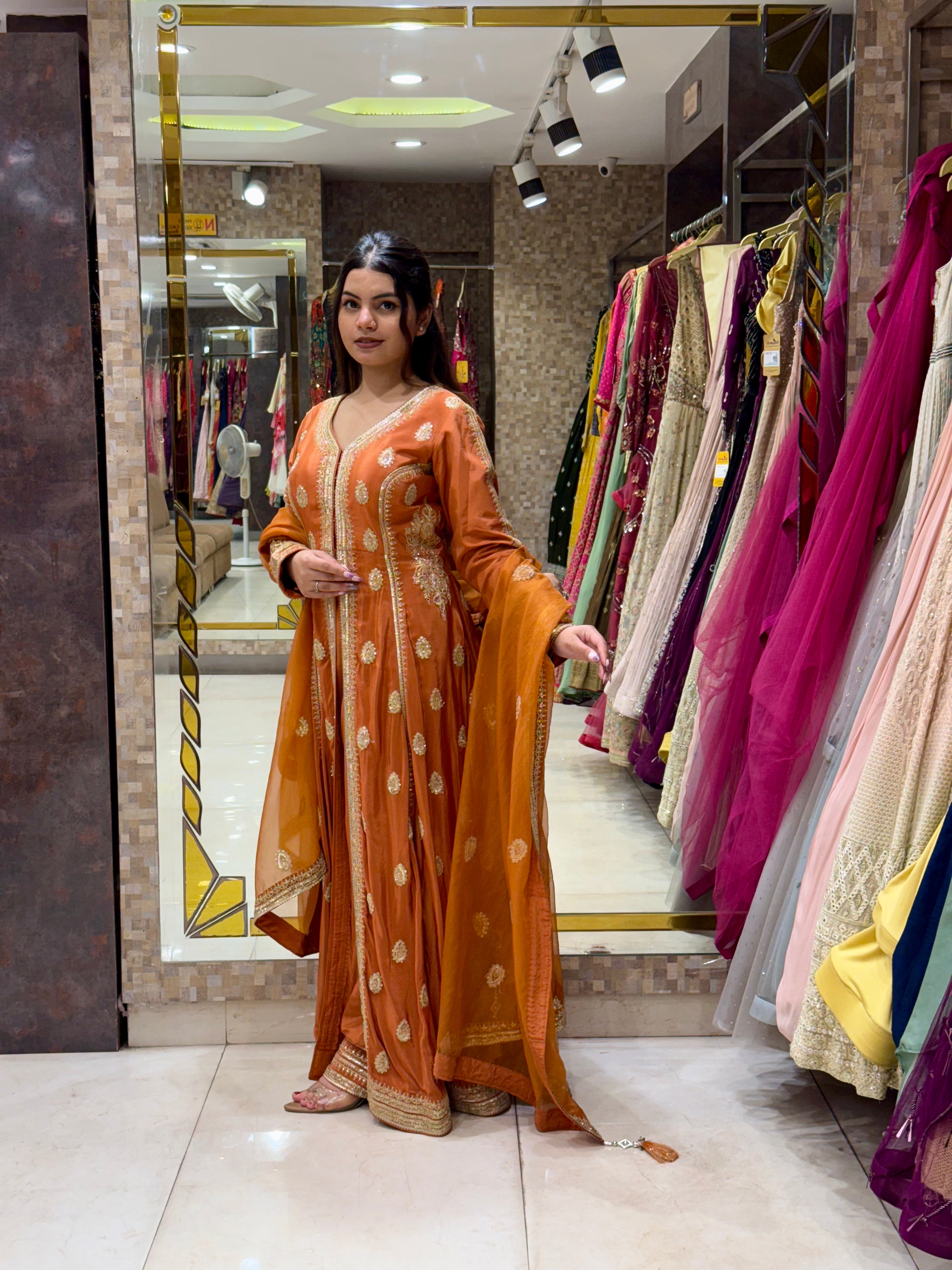 Elegant Rust Orange Long Jacket Style Suit Set with Decorative Detailing