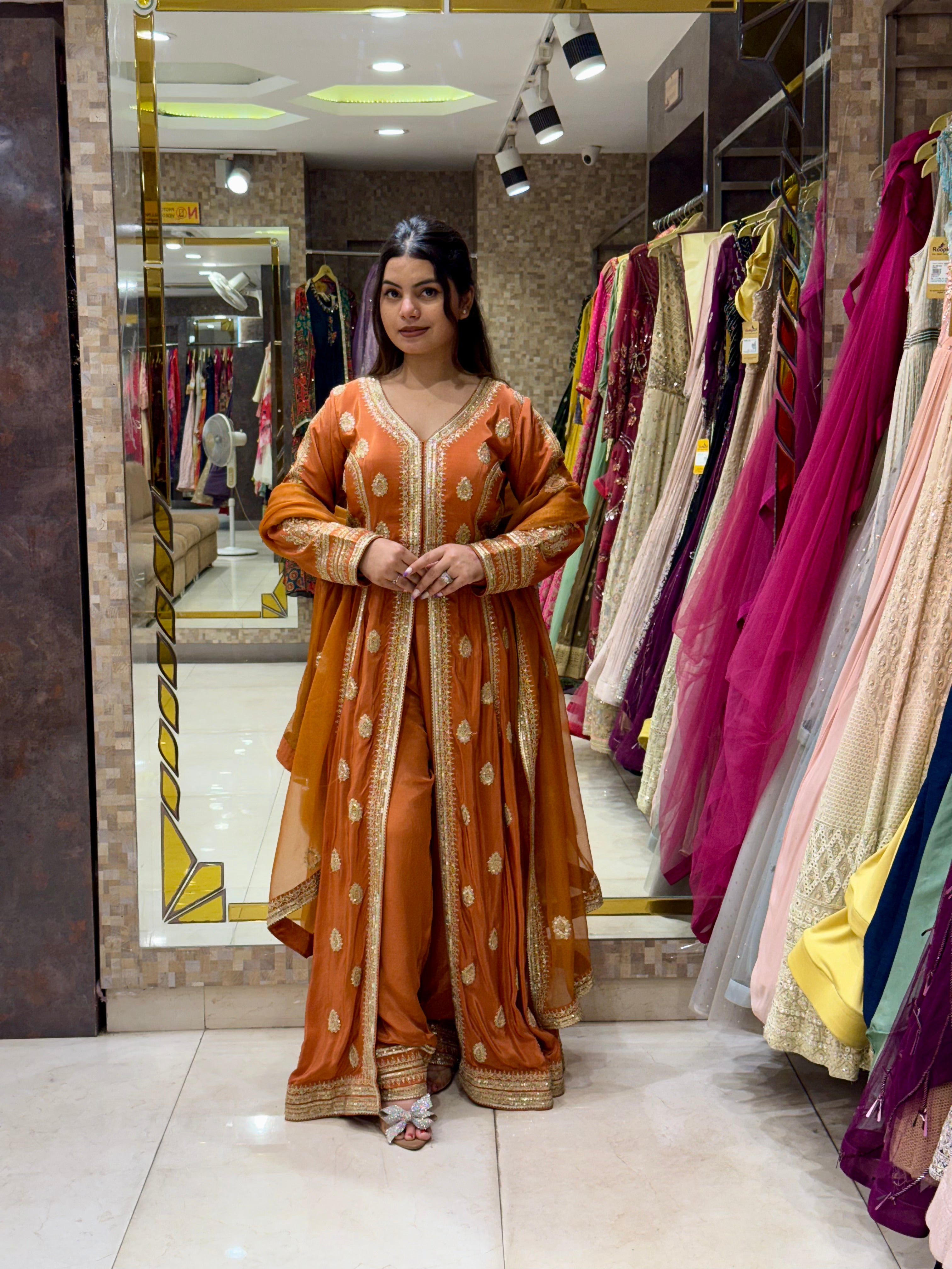 Elegant Rust Orange Long Jacket Style Suit Set with Decorative Detailing
