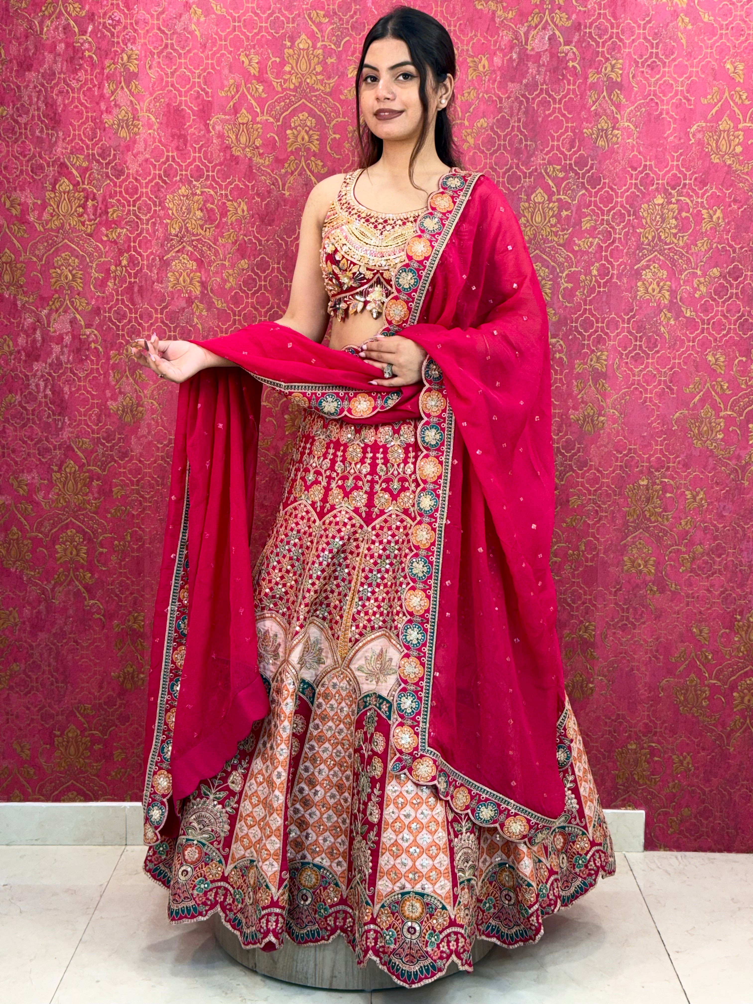 Elegant Magenta Pink Printed and Embellished Lehenga Choli Set with Matching Dupatta