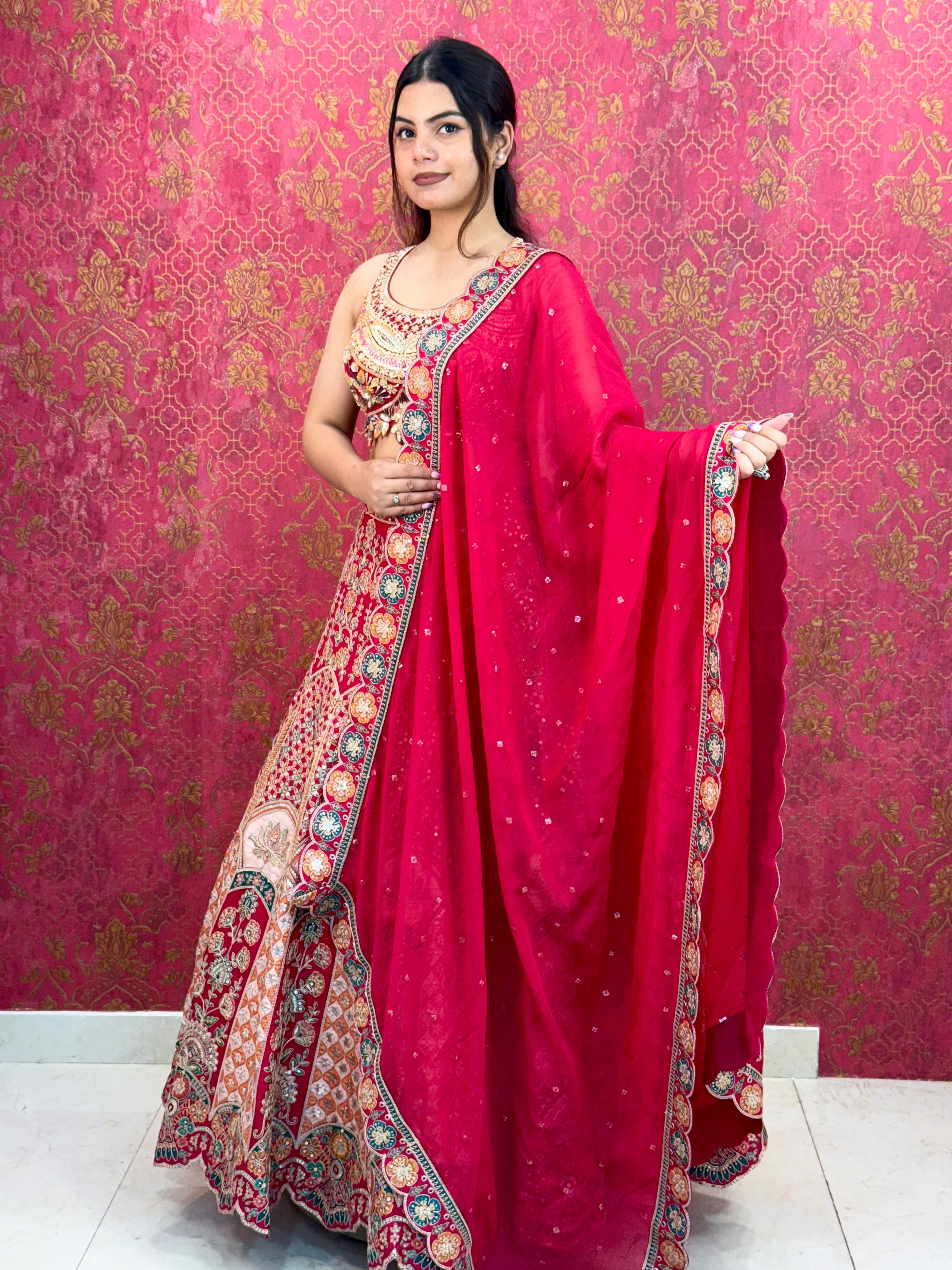 Elegant Magenta Pink Printed and Embellished Lehenga Choli Set with Matching Dupatta