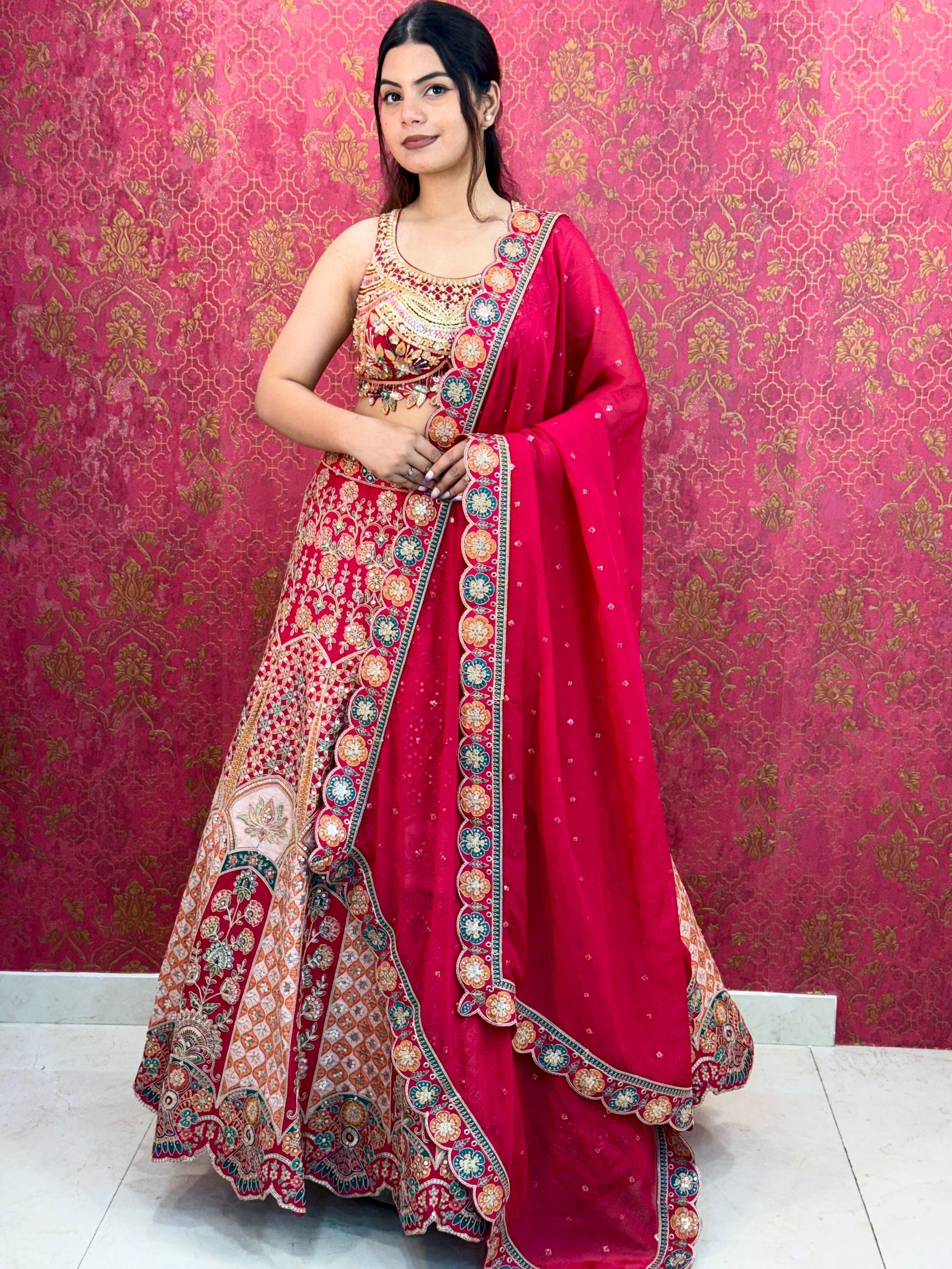 Elegant Magenta Pink Printed and Embellished Lehenga Choli Set with Matching Dupatta