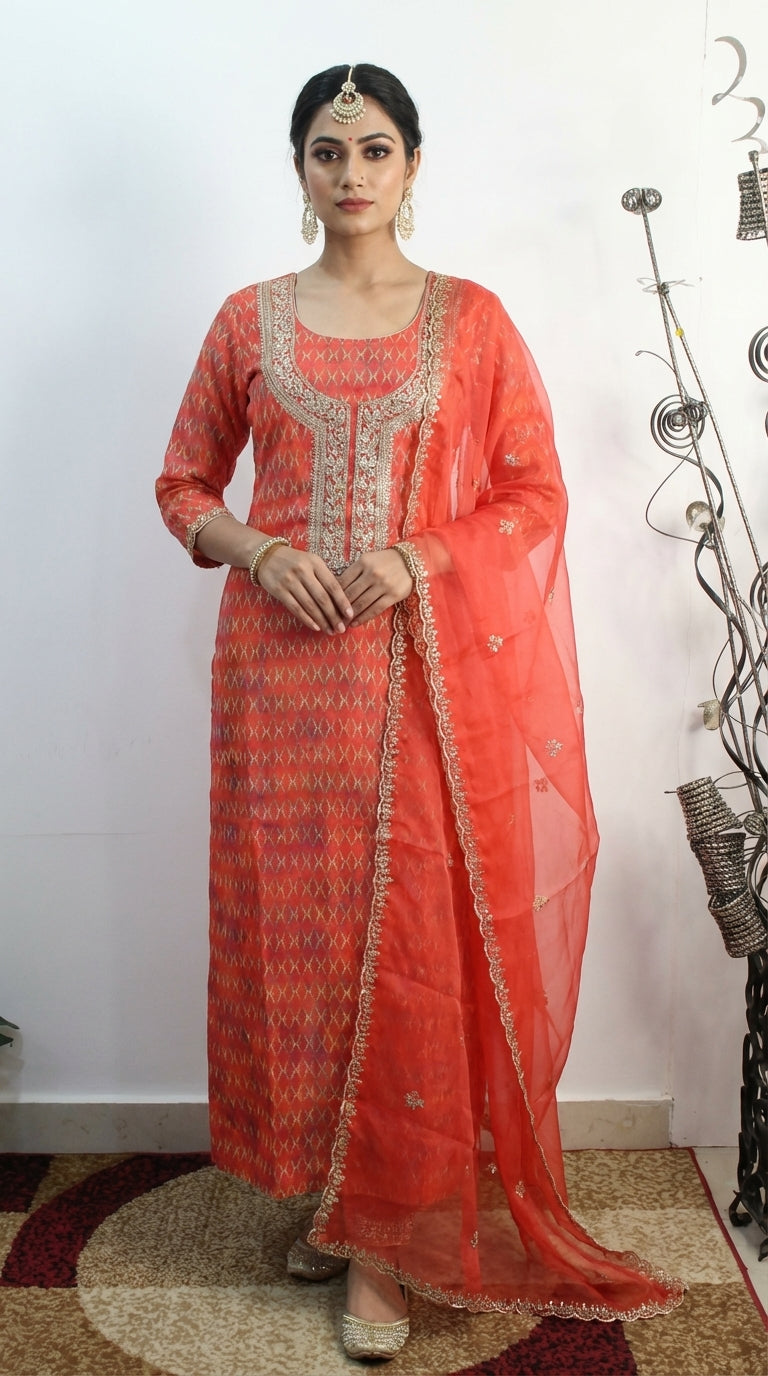 Coral Cotton Organza Unstitched Suit Fabric